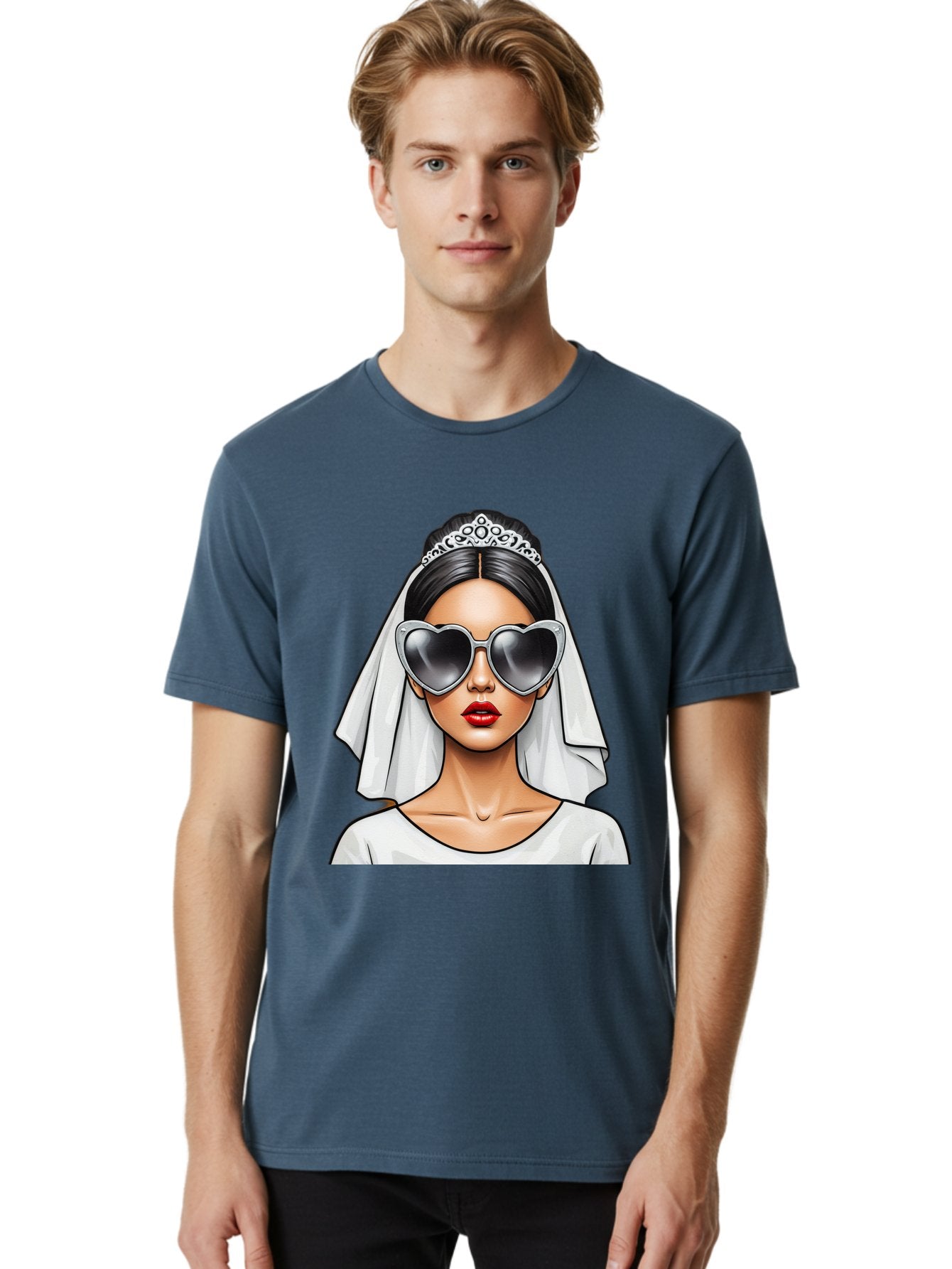 Bride-1 Men'S Graphic Tee, 100% Cotton, Comfortable Casual Summer Wear, Machine Washable, Bride Wearing Sunglasses, Heart-Shaped Shades, White Veil, Red Lips, Elegant Style, Fashionable Bride, Modern Wedding Attire, Trendy Accessories Baa218 26