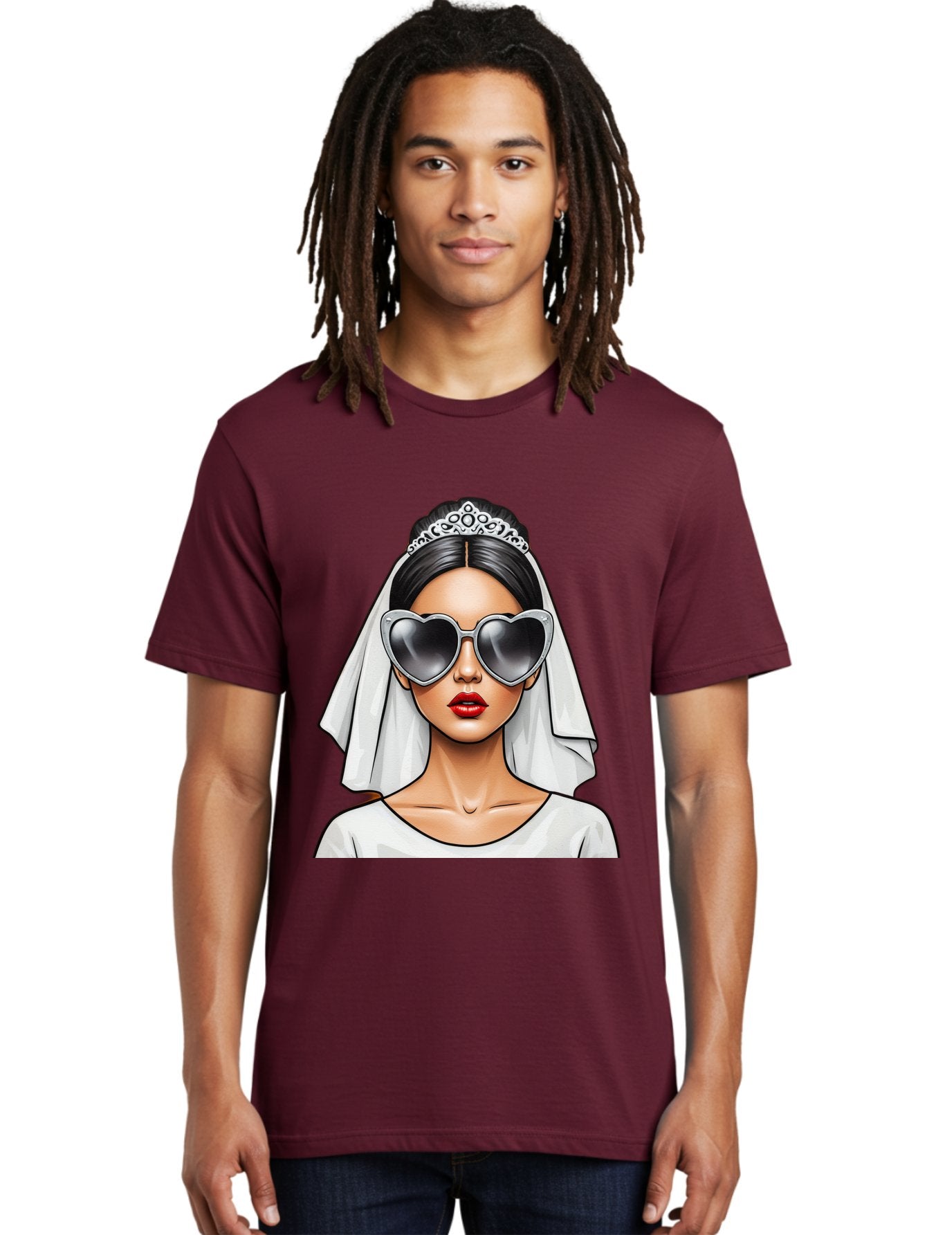 Bride-1 Men'S Graphic Tee, 100% Cotton, Comfortable Casual Summer Wear, Machine Washable, Bride Wearing Sunglasses, Heart-Shaped Shades, White Veil, Red Lips, Elegant Style, Fashionable Bride, Modern Wedding Attire, Trendy Accessories Baa218 29