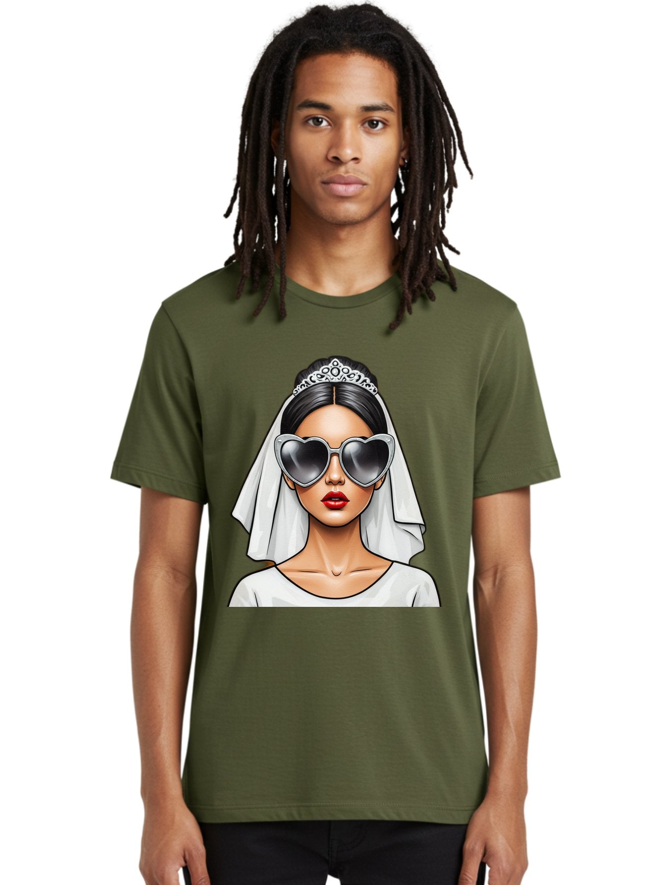 Bride-1 Men'S Graphic Tee, 100% Cotton, Comfortable Casual Summer Wear, Machine Washable, Bride Wearing Sunglasses, Heart-Shaped Shades, White Veil, Red Lips, Elegant Style, Fashionable Bride, Modern Wedding Attire, Trendy Accessories Baa218 28