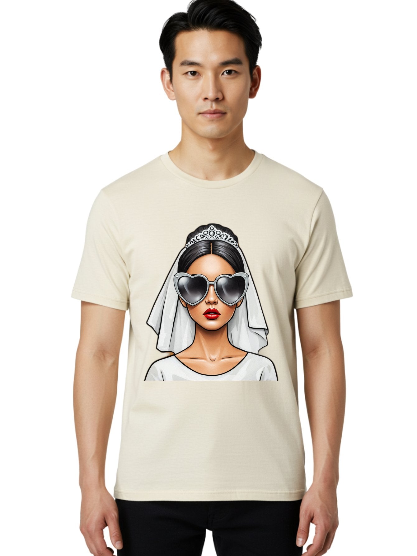 Bride-1 Men'S Graphic Tee, 100% Cotton, Comfortable Casual Summer Wear, Machine Washable, Bride Wearing Sunglasses, Heart-Shaped Shades, White Veil, Red Lips, Elegant Style, Fashionable Bride, Modern Wedding Attire, Trendy Accessories Baa218 22