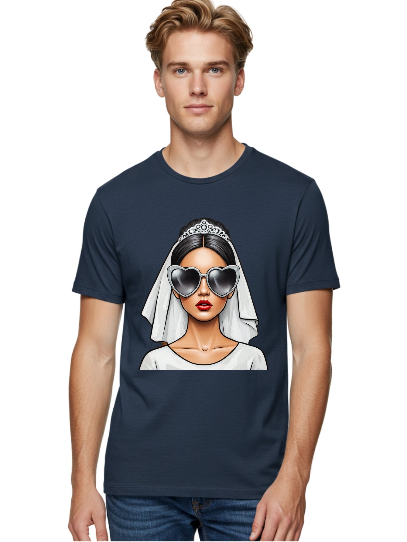 Bride-1 Men'S Graphic Tee, 100% Cotton, Comfortable Casual Summer Wear, Machine Washable, Bride Wearing Sunglasses, Heart-Shaped Shades, White Veil, Red Lips, Elegant Style, Fashionable Bride, Modern Wedding Attire, Trendy Accessories Baa218 21