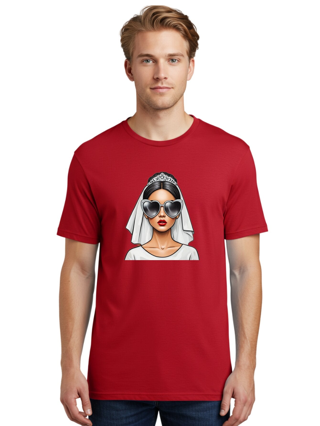 Bride-1 Men'S Graphic Tee, 100% Cotton, Comfortable Casual Summer Wear, Machine Washable, Bride Wearing Sunglasses, Heart-Shaped Shades, White Veil, Red Lips, Elegant Style, Fashionable Bride, Modern Wedding Attire, Trendy Accessories Baa218 18
