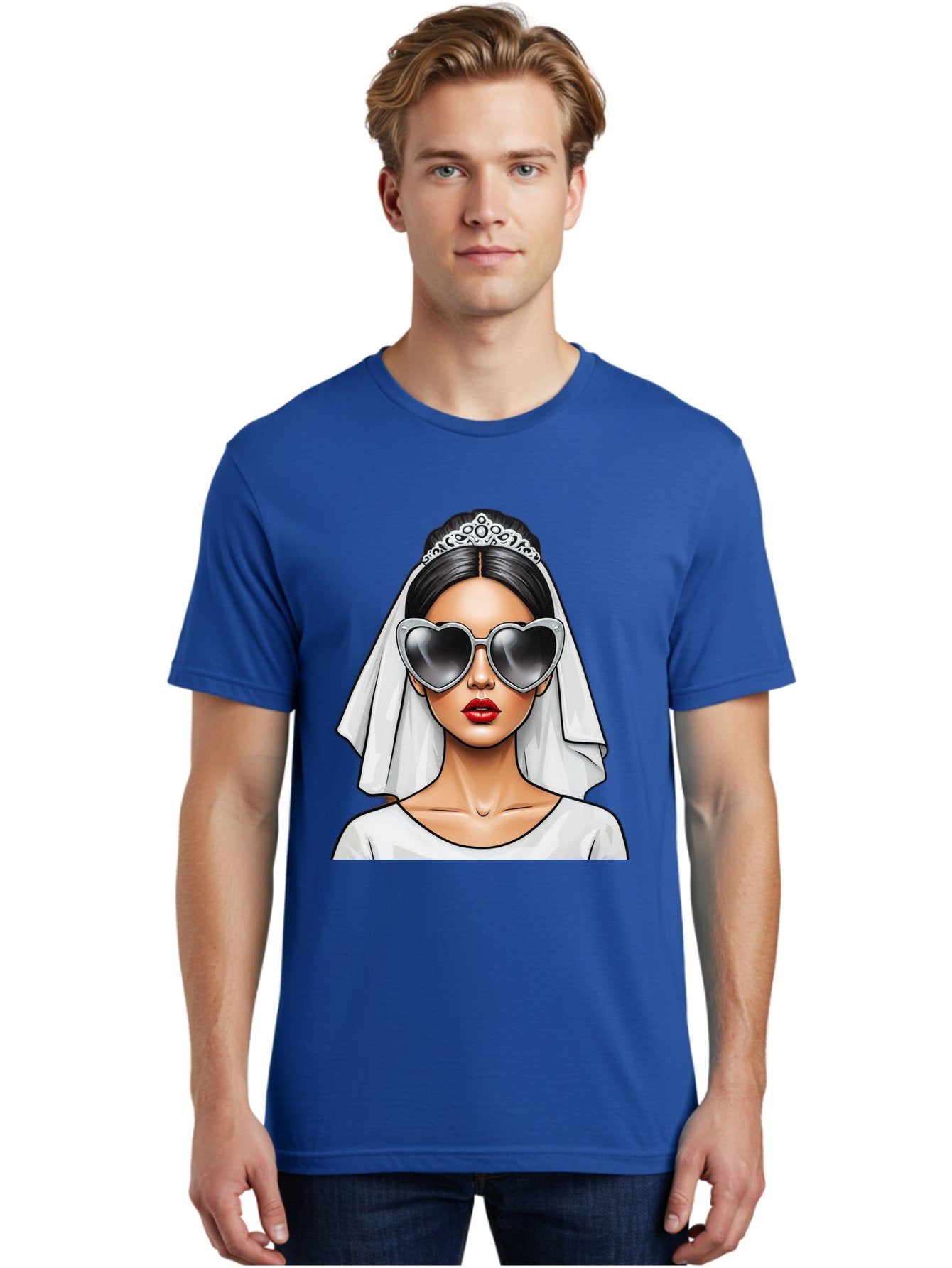 Bride-1 Men'S Graphic Tee, 100% Cotton, Comfortable Casual Summer Wear, Machine Washable, Bride Wearing Sunglasses, Heart-Shaped Shades, White Veil, Red Lips, Elegant Style, Fashionable Bride, Modern Wedding Attire, Trendy Accessories Baa218 19