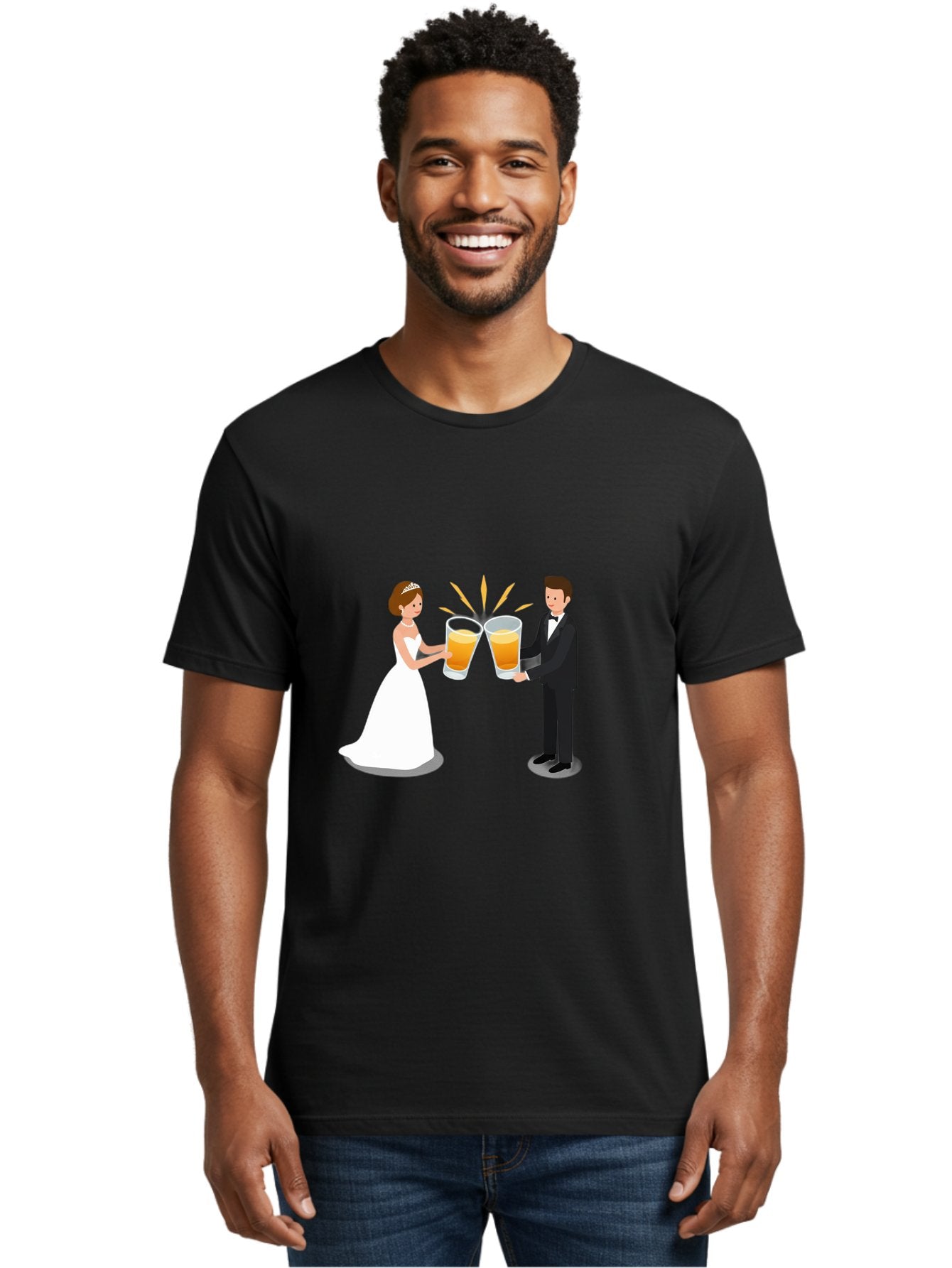 Bride-And-Groom-Cheers-1 Men'S Graphic Tee, 100% Cotton, Comfortable Casual Summer Wear, Machine Washable, Bride And Groom Toasting, Wedding Celebration, Beer Cheers, Love And Happiness, Newlyweds, Couple Goals, Marriage Bliss, Toast To Love, Baa219 30