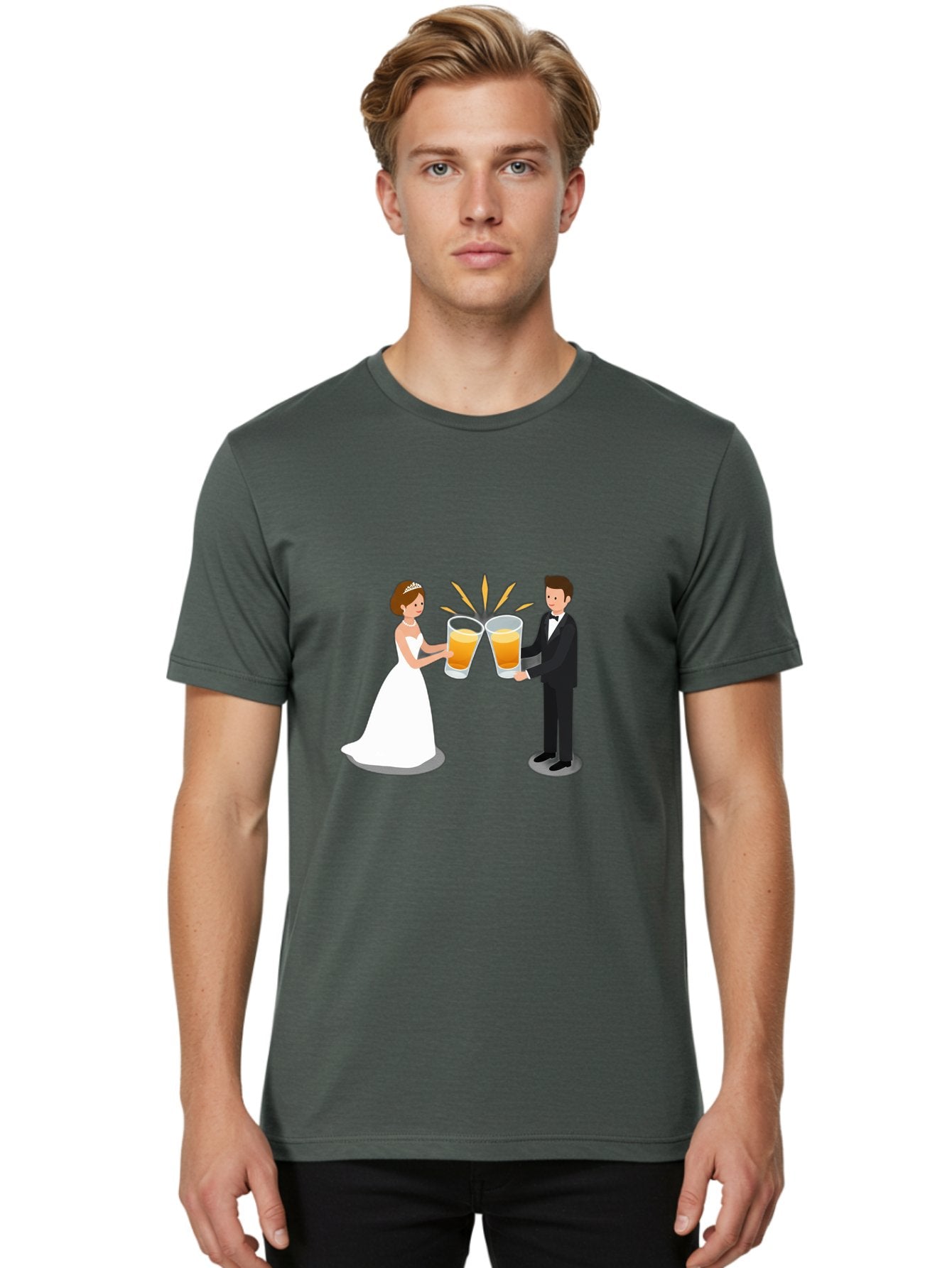Bride-And-Groom-Cheers-1 Men'S Graphic Tee, 100% Cotton, Comfortable Casual Summer Wear, Machine Washable, Bride And Groom Toasting, Wedding Celebration, Beer Cheers, Love And Happiness, Newlyweds, Couple Goals, Marriage Bliss, Toast To Love, Baa219 19
