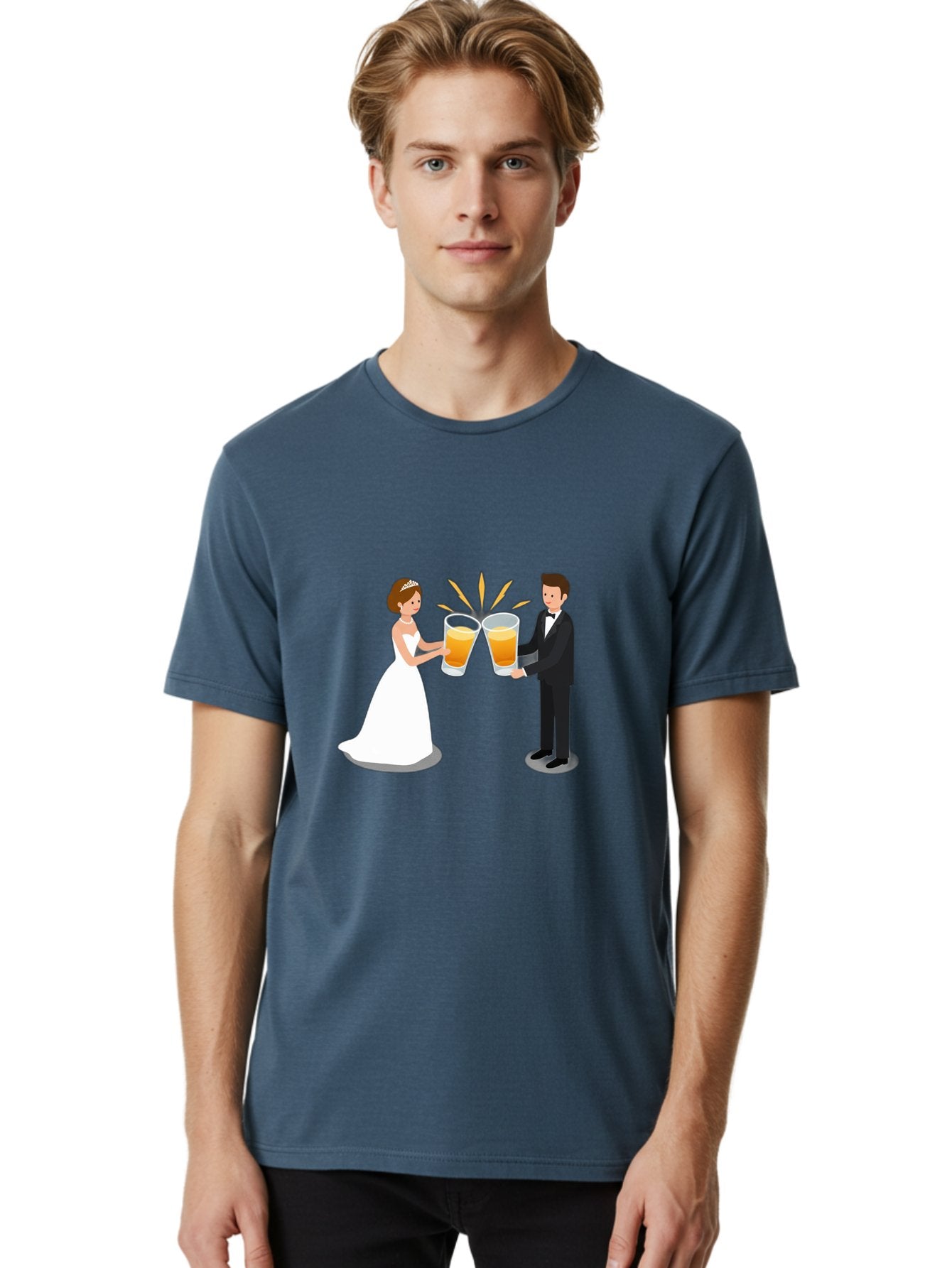 Bride-And-Groom-Cheers-1 Men'S Graphic Tee, 100% Cotton, Comfortable Casual Summer Wear, Machine Washable, Bride And Groom Toasting, Wedding Celebration, Beer Cheers, Love And Happiness, Newlyweds, Couple Goals, Marriage Bliss, Toast To Love, Baa219 20
