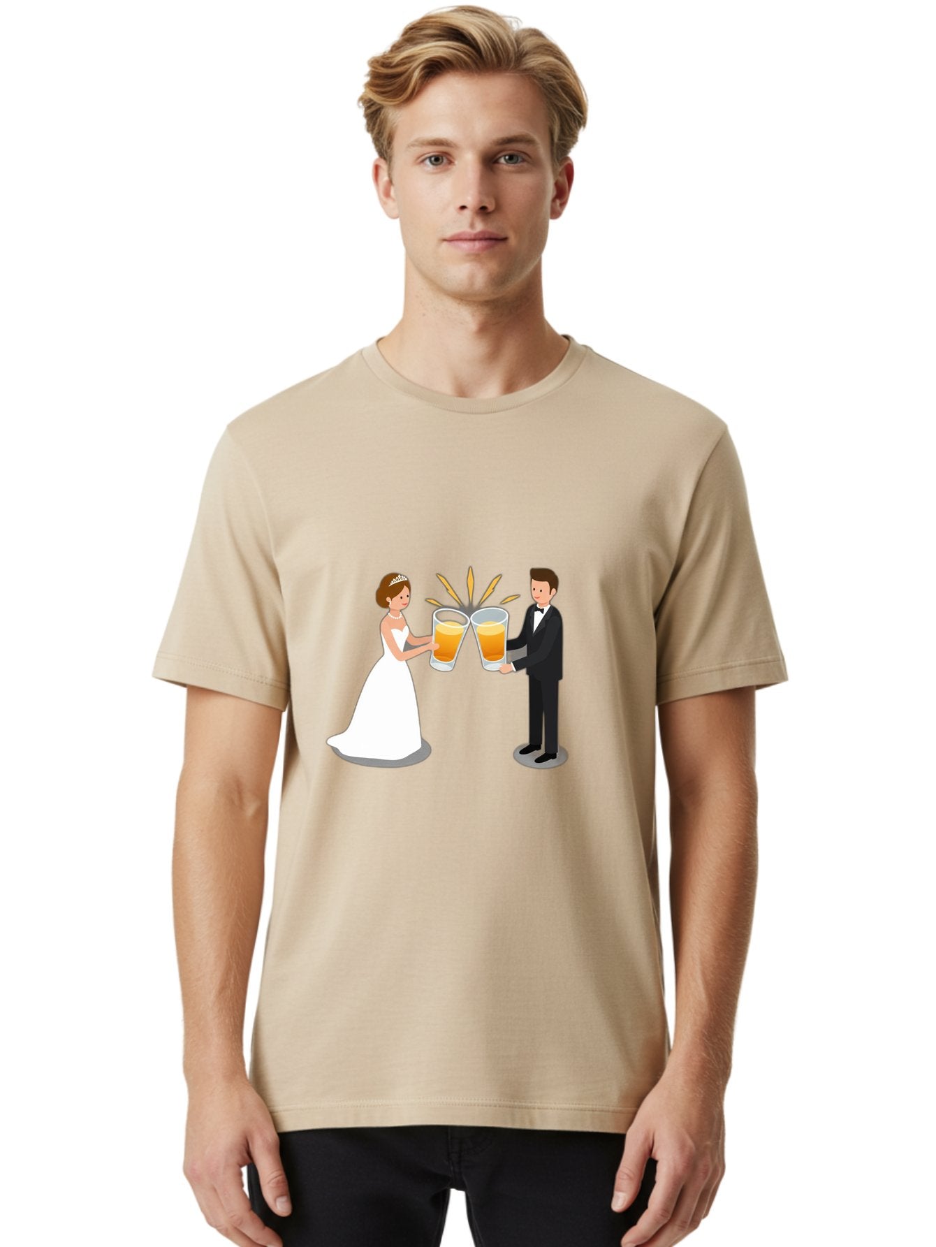Bride-And-Groom-Cheers-1 Men'S Graphic Tee, 100% Cotton, Comfortable Casual Summer Wear, Machine Washable, Bride And Groom Toasting, Wedding Celebration, Beer Cheers, Love And Happiness, Newlyweds, Couple Goals, Marriage Bliss, Toast To Love, Baa219 25
