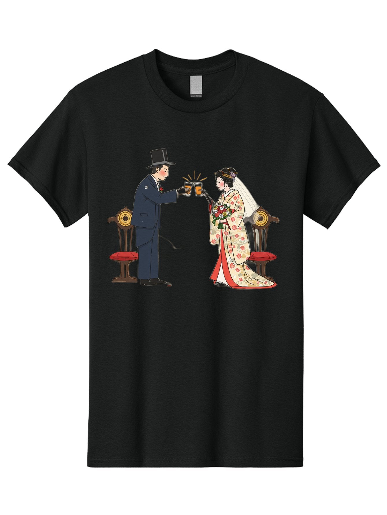 Bride-And-Groom-Cheers Men'S Graphic Tee, 100% Cotton, Comfortable Casual Summer Wear, Machine Washable, Bride In Traditional Kimono, Groom In Top Hat And Suit, Toast With Beer Glasses, Wedding Ceremony, Traditional Japanese Wedding, Baa220 6