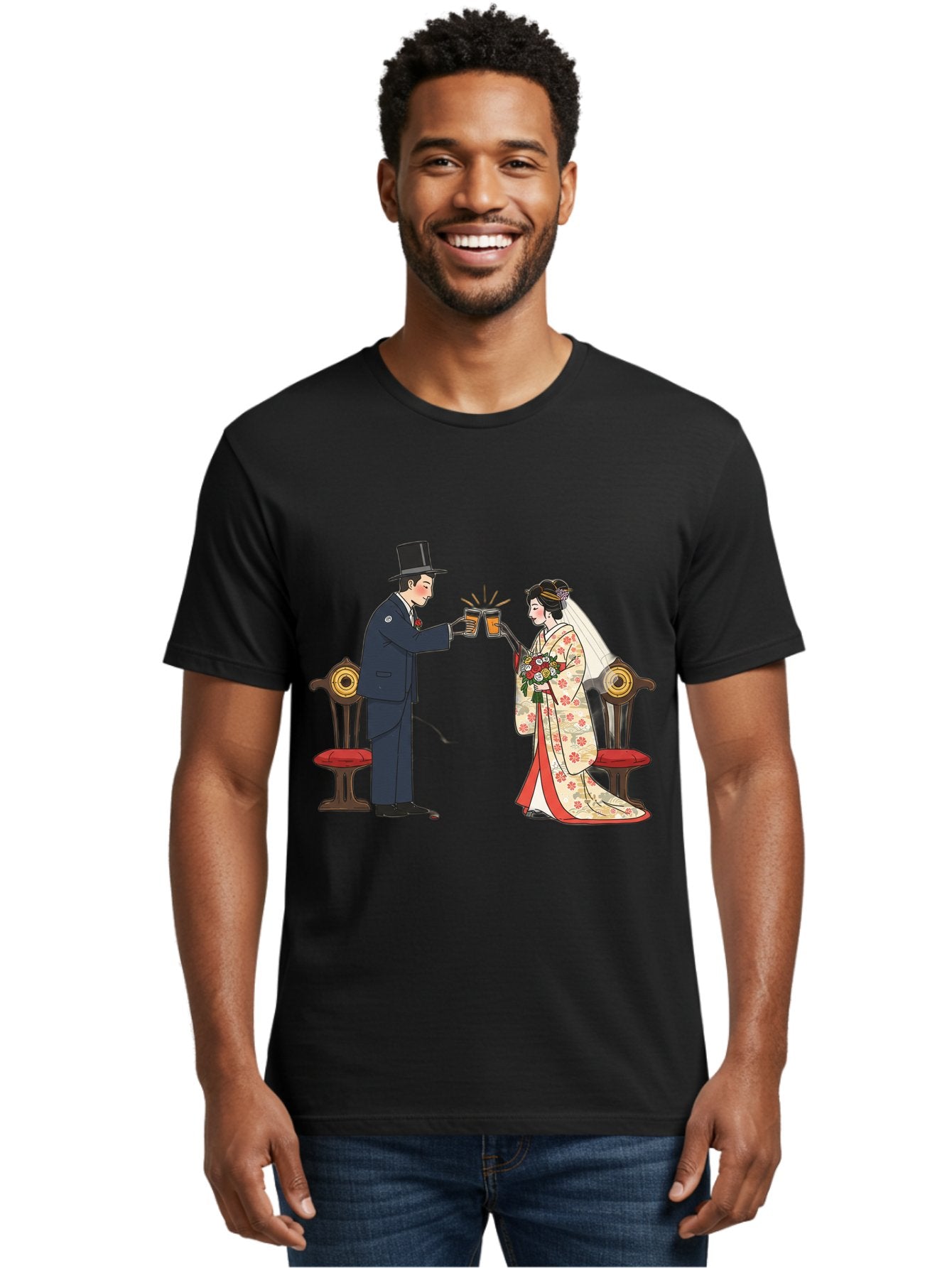 Bride-And-Groom-Cheers Men'S Graphic Tee, 100% Cotton, Comfortable Casual Summer Wear, Machine Washable, Bride In Traditional Kimono, Groom In Top Hat And Suit, Toast With Beer Glasses, Wedding Ceremony, Traditional Japanese Wedding, Baa220 24