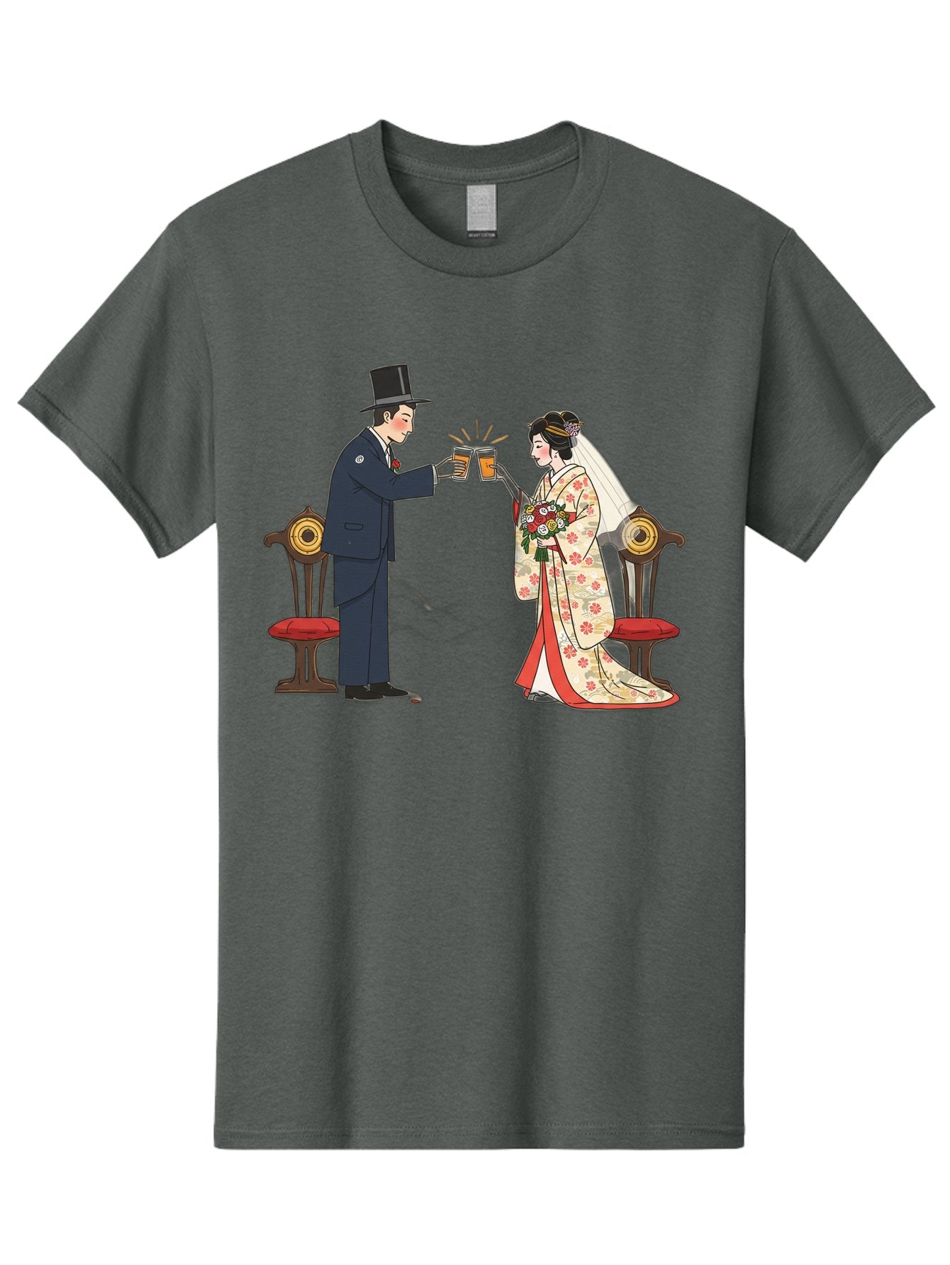 Bride-And-Groom-Cheers Men'S Graphic Tee, 100% Cotton, Comfortable Casual Summer Wear, Machine Washable, Bride In Traditional Kimono, Groom In Top Hat And Suit, Toast With Beer Glasses, Wedding Ceremony, Traditional Japanese Wedding, Baa220 12