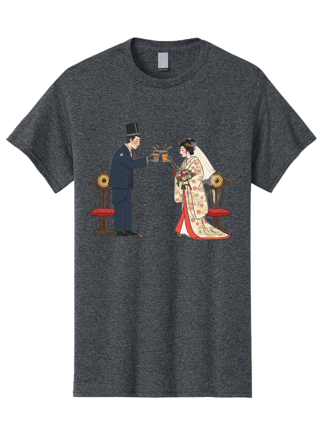 Bride-And-Groom-Cheers Men'S Graphic Tee, 100% Cotton, Comfortable Casual Summer Wear, Machine Washable, Bride In Traditional Kimono, Groom In Top Hat And Suit, Toast With Beer Glasses, Wedding Ceremony, Traditional Japanese Wedding, Baa220 7