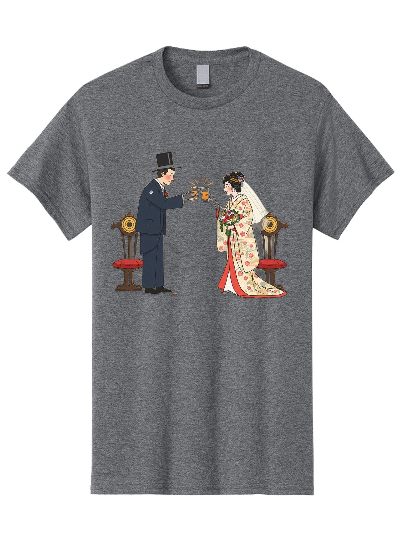 Bride-And-Groom-Cheers Men'S Graphic Tee, 100% Cotton, Comfortable Casual Summer Wear, Machine Washable, Bride In Traditional Kimono, Groom In Top Hat And Suit, Toast With Beer Glasses, Wedding Ceremony, Traditional Japanese Wedding, Baa220 5
