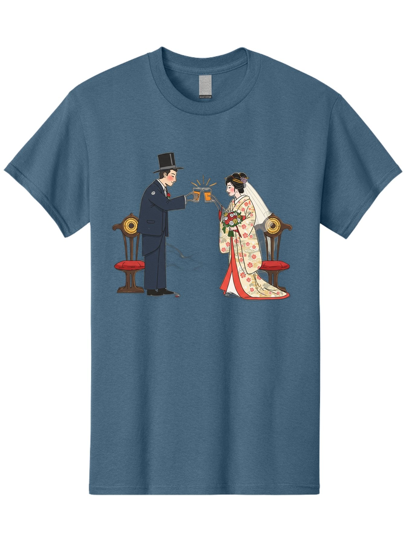Bride-And-Groom-Cheers Men'S Graphic Tee, 100% Cotton, Comfortable Casual Summer Wear, Machine Washable, Bride In Traditional Kimono, Groom In Top Hat And Suit, Toast With Beer Glasses, Wedding Ceremony, Traditional Japanese Wedding, Baa220 13