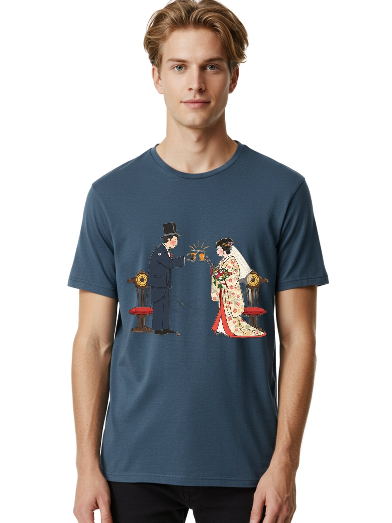 Bride-And-Groom-Cheers Men'S Graphic Tee, 100% Cotton, Comfortable Casual Summer Wear, Machine Washable, Bride In Traditional Kimono, Groom In Top Hat And Suit, Toast With Beer Glasses, Wedding Ceremony, Traditional Japanese Wedding, Baa220 20