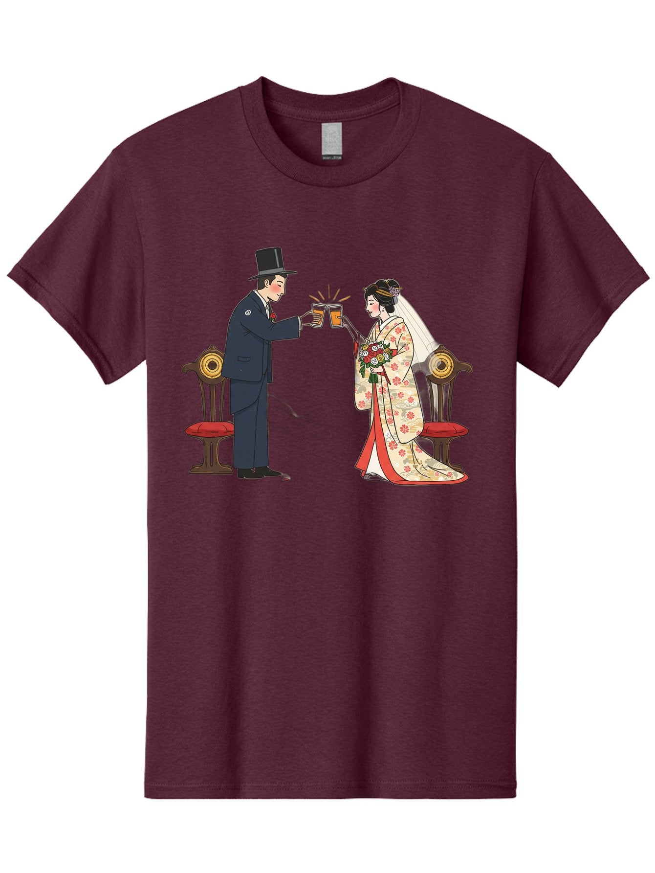 Bride-And-Groom-Cheers Men'S Graphic Tee, 100% Cotton, Comfortable Casual Summer Wear, Machine Washable, Bride In Traditional Kimono, Groom In Top Hat And Suit, Toast With Beer Glasses, Wedding Ceremony, Traditional Japanese Wedding, Baa220 15