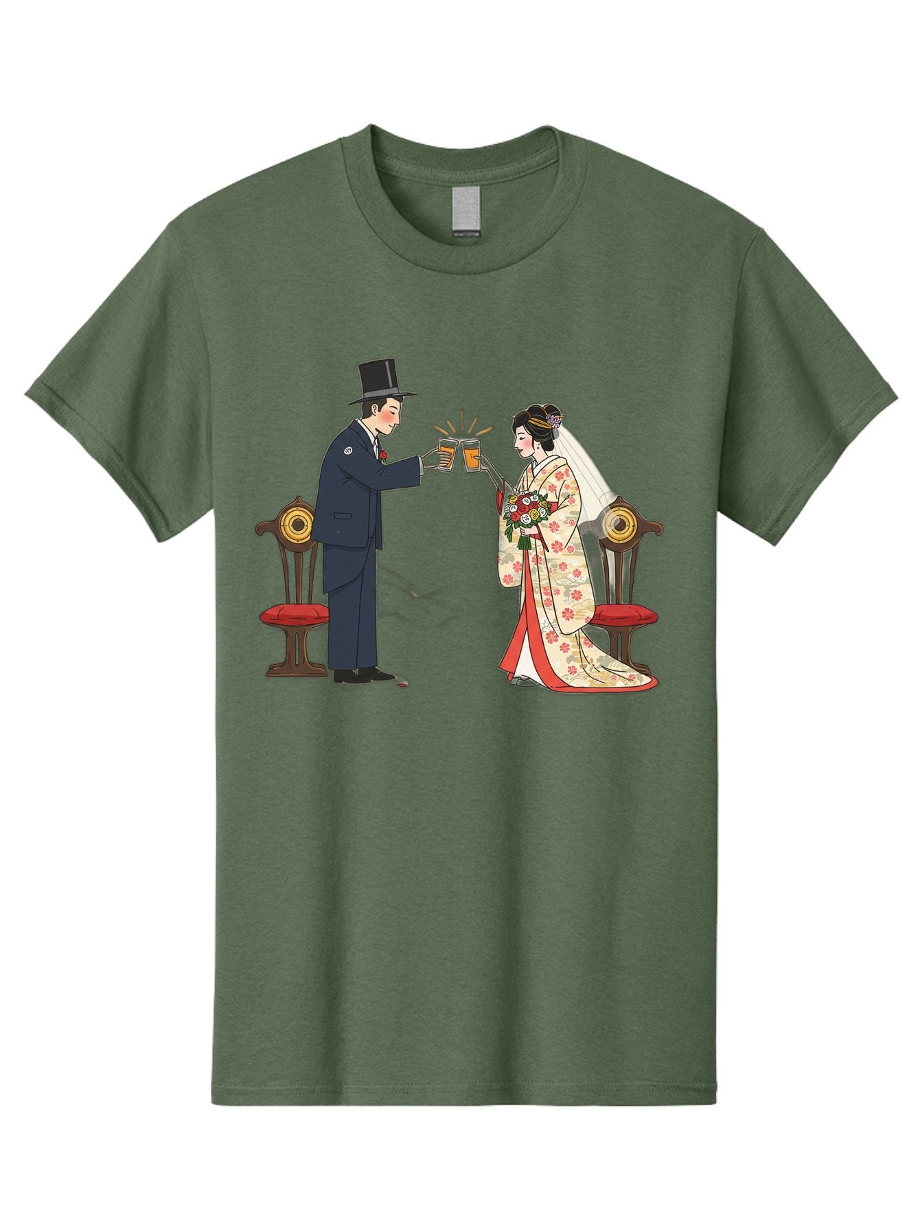Bride-And-Groom-Cheers Men'S Graphic Tee, 100% Cotton, Comfortable Casual Summer Wear, Machine Washable, Bride In Traditional Kimono, Groom In Top Hat And Suit, Toast With Beer Glasses, Wedding Ceremony, Traditional Japanese Wedding, Baa220 4