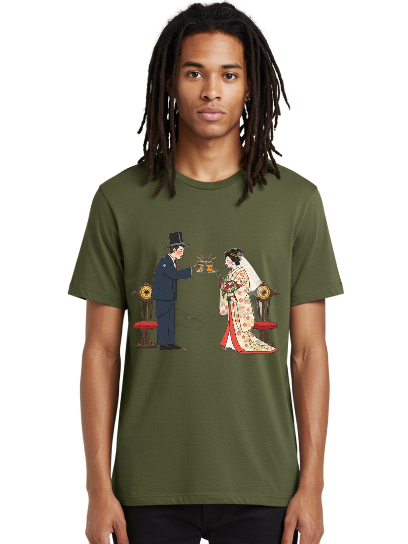 Bride-And-Groom-Cheers Men'S Graphic Tee, 100% Cotton, Comfortable Casual Summer Wear, Machine Washable, Bride In Traditional Kimono, Groom In Top Hat And Suit, Toast With Beer Glasses, Wedding Ceremony, Traditional Japanese Wedding, Baa220 18