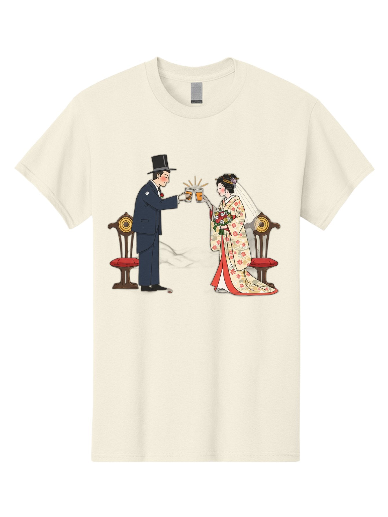 Bride-And-Groom-Cheers Men'S Graphic Tee, 100% Cotton, Comfortable Casual Summer Wear, Machine Washable, Bride In Traditional Kimono, Groom In Top Hat And Suit, Toast With Beer Glasses, Wedding Ceremony, Traditional Japanese Wedding, Baa220 3