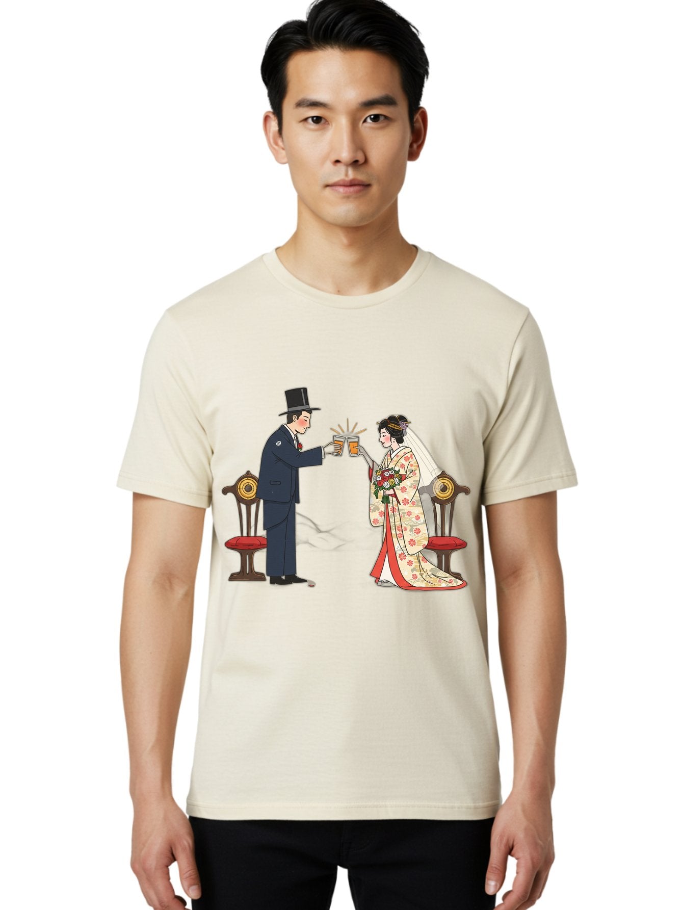 Bride-And-Groom-Cheers Men'S Graphic Tee, 100% Cotton, Comfortable Casual Summer Wear, Machine Washable, Bride In Traditional Kimono, Groom In Top Hat And Suit, Toast With Beer Glasses, Wedding Ceremony, Traditional Japanese Wedding, Baa220 22