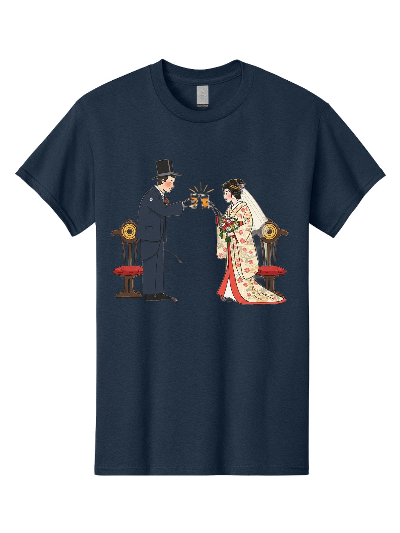Bride-And-Groom-Cheers Men'S Graphic Tee, 100% Cotton, Comfortable Casual Summer Wear, Machine Washable, Bride In Traditional Kimono, Groom In Top Hat And Suit, Toast With Beer Glasses, Wedding Ceremony, Traditional Japanese Wedding, Baa220