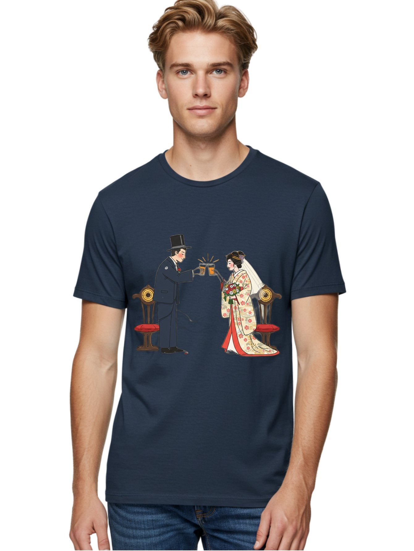 Bride-And-Groom-Cheers Men'S Graphic Tee, 100% Cotton, Comfortable Casual Summer Wear, Machine Washable, Bride In Traditional Kimono, Groom In Top Hat And Suit, Toast With Beer Glasses, Wedding Ceremony, Traditional Japanese Wedding, Baa220 21