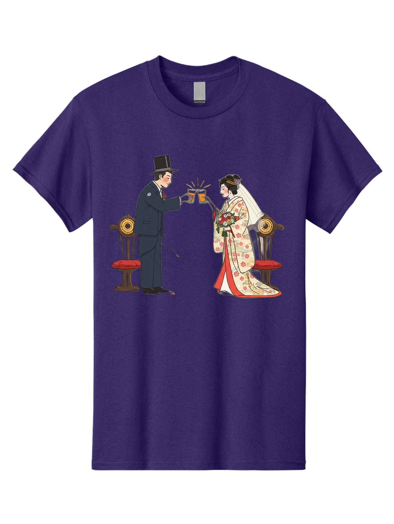 Bride-And-Groom-Cheers Men'S Graphic Tee, 100% Cotton, Comfortable Casual Summer Wear, Machine Washable, Bride In Traditional Kimono, Groom In Top Hat And Suit, Toast With Beer Glasses, Wedding Ceremony, Traditional Japanese Wedding, Baa220 9