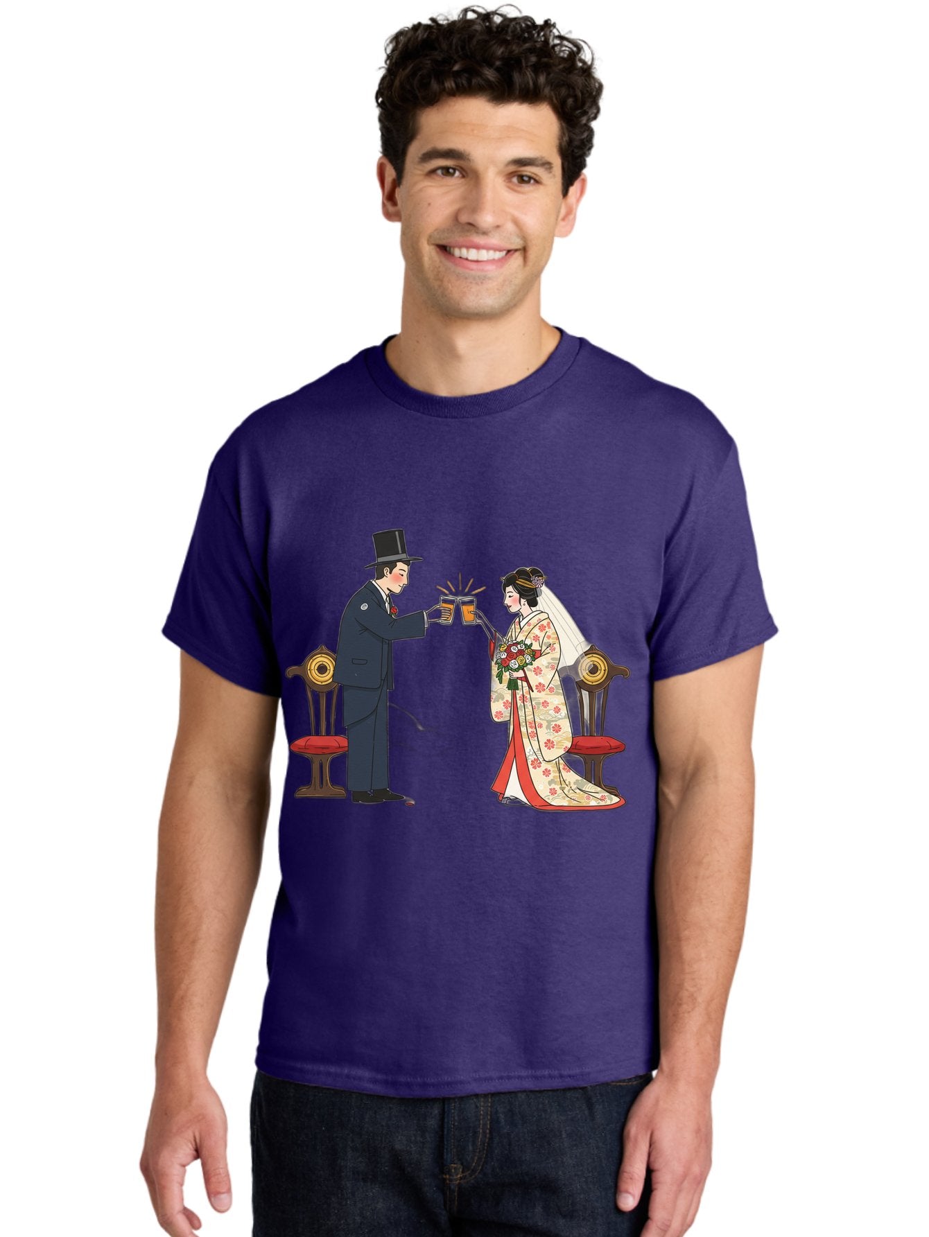 Bride-And-Groom-Cheers Men'S Graphic Tee, 100% Cotton, Comfortable Casual Summer Wear, Machine Washable, Bride In Traditional Kimono, Groom In Top Hat And Suit, Toast With Beer Glasses, Wedding Ceremony, Traditional Japanese Wedding, Baa220 26