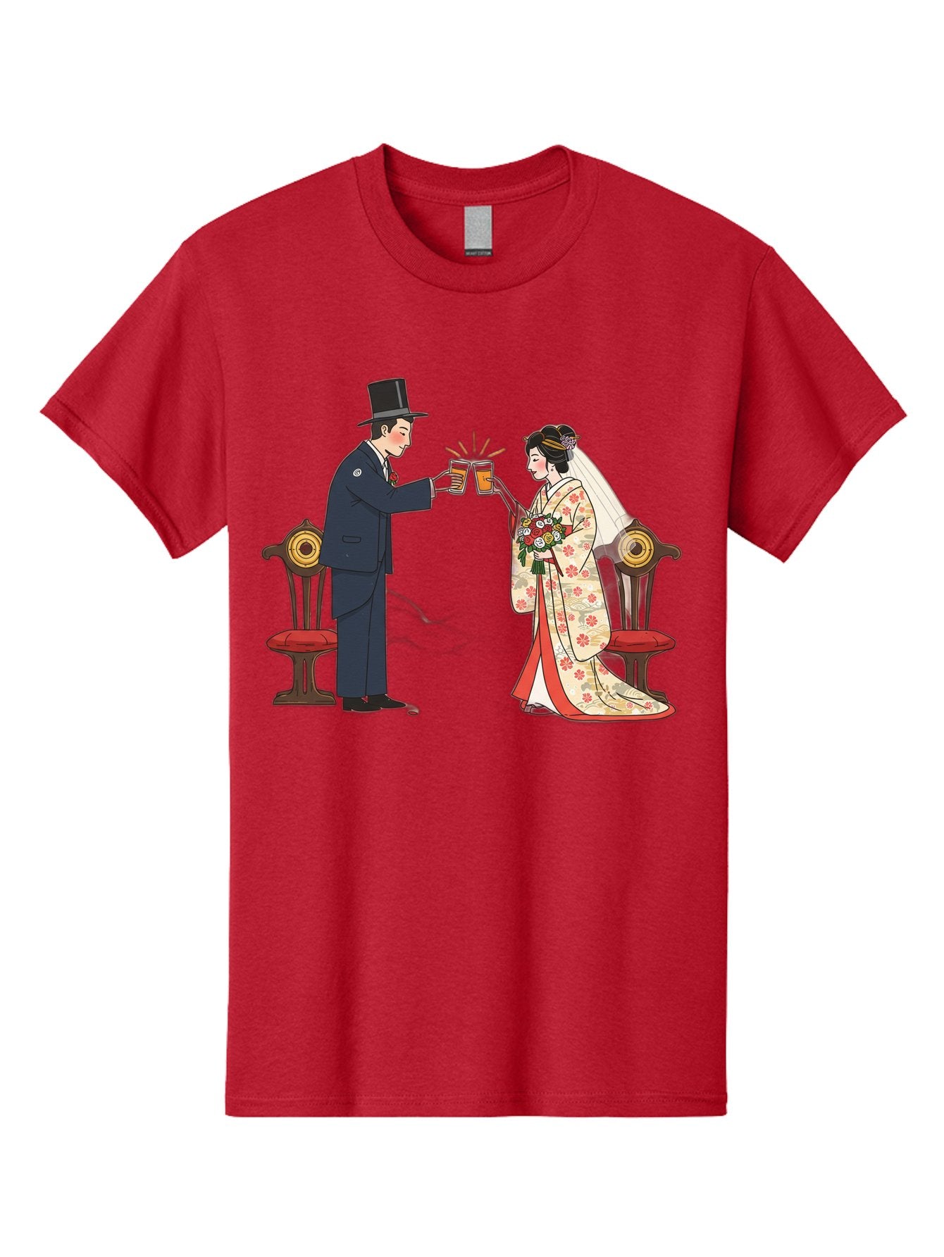 Bride-And-Groom-Cheers Men'S Graphic Tee, 100% Cotton, Comfortable Casual Summer Wear, Machine Washable, Bride In Traditional Kimono, Groom In Top Hat And Suit, Toast With Beer Glasses, Wedding Ceremony, Traditional Japanese Wedding, Baa220