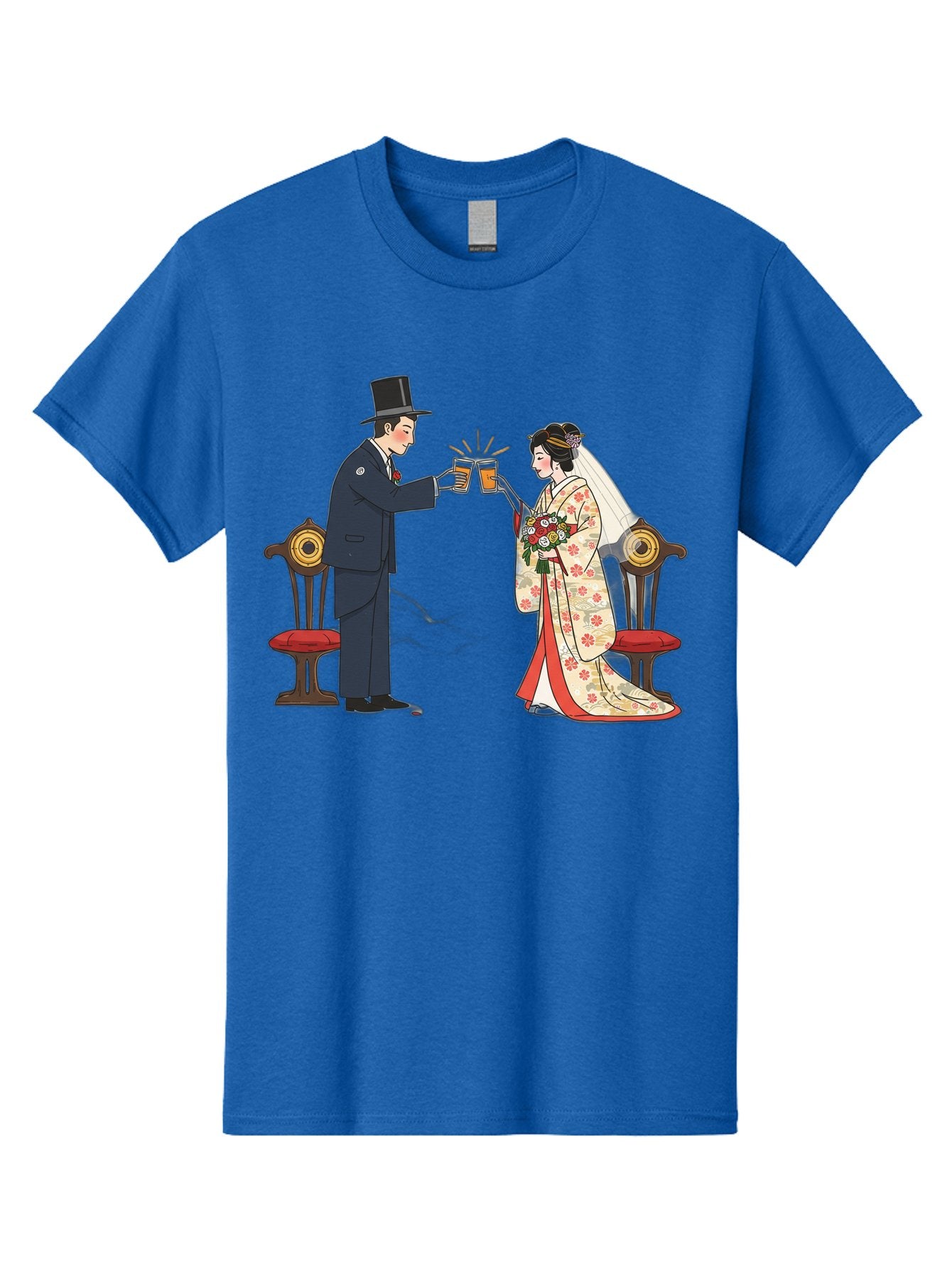 Bride-And-Groom-Cheers Men'S Graphic Tee, 100% Cotton, Comfortable Casual Summer Wear, Machine Washable, Bride In Traditional Kimono, Groom In Top Hat And Suit, Toast With Beer Glasses, Wedding Ceremony, Traditional Japanese Wedding, Baa220 14