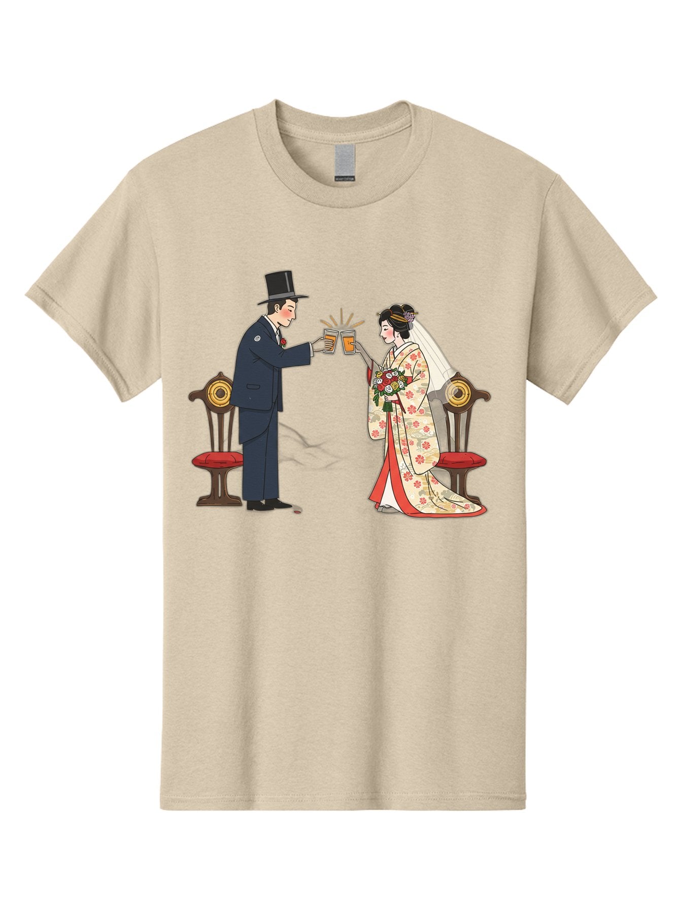 Bride-And-Groom-Cheers Men'S Graphic Tee, 100% Cotton, Comfortable Casual Summer Wear, Machine Washable, Bride In Traditional Kimono, Groom In Top Hat And Suit, Toast With Beer Glasses, Wedding Ceremony, Traditional Japanese Wedding, Baa220 8