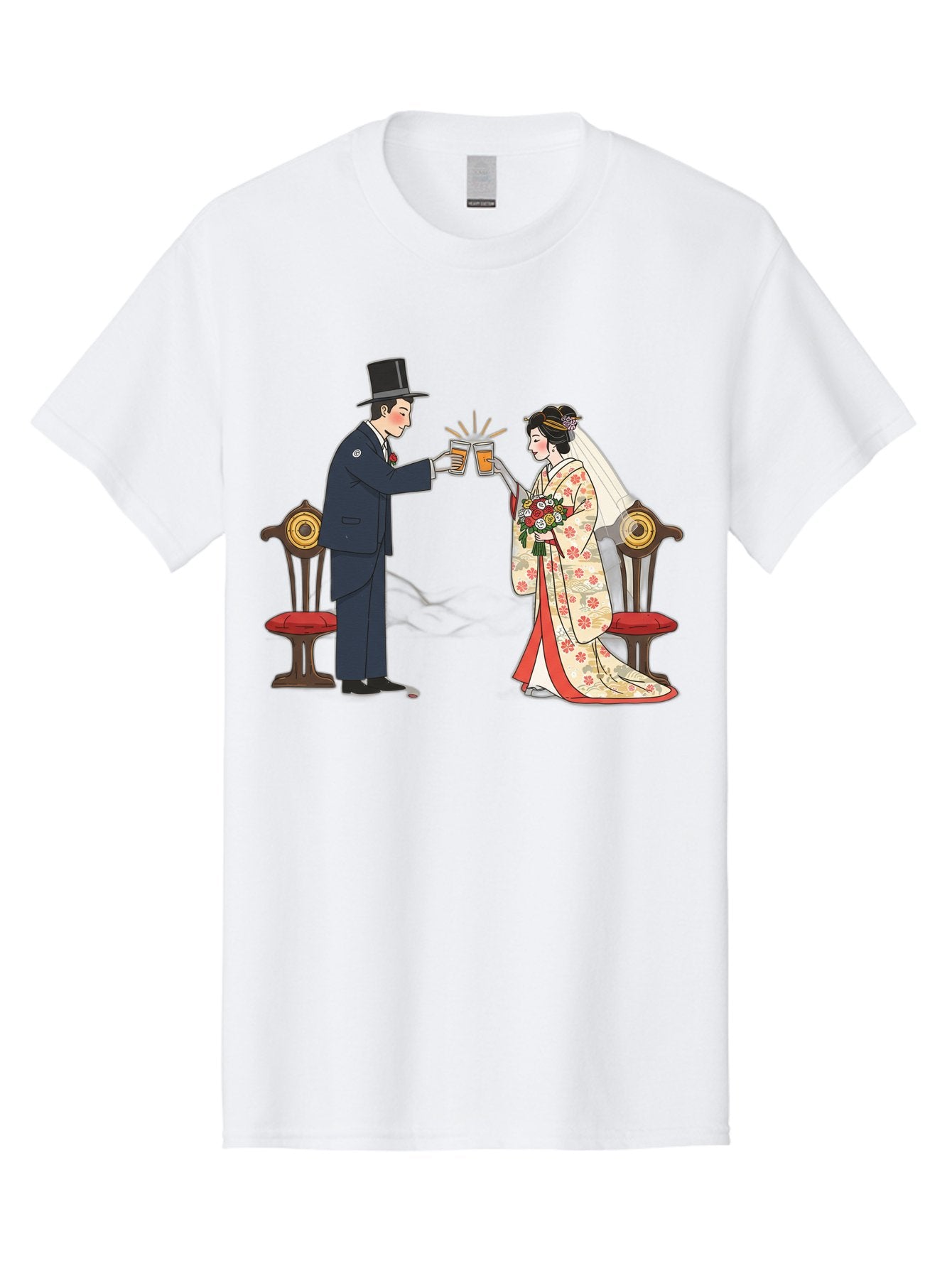 Bride-And-Groom-Cheers Men'S Graphic Tee, 100% Cotton, Comfortable Casual Summer Wear, Machine Washable, Bride In Traditional Kimono, Groom In Top Hat And Suit, Toast With Beer Glasses, Wedding Ceremony, Traditional Japanese Wedding, Baa220 11