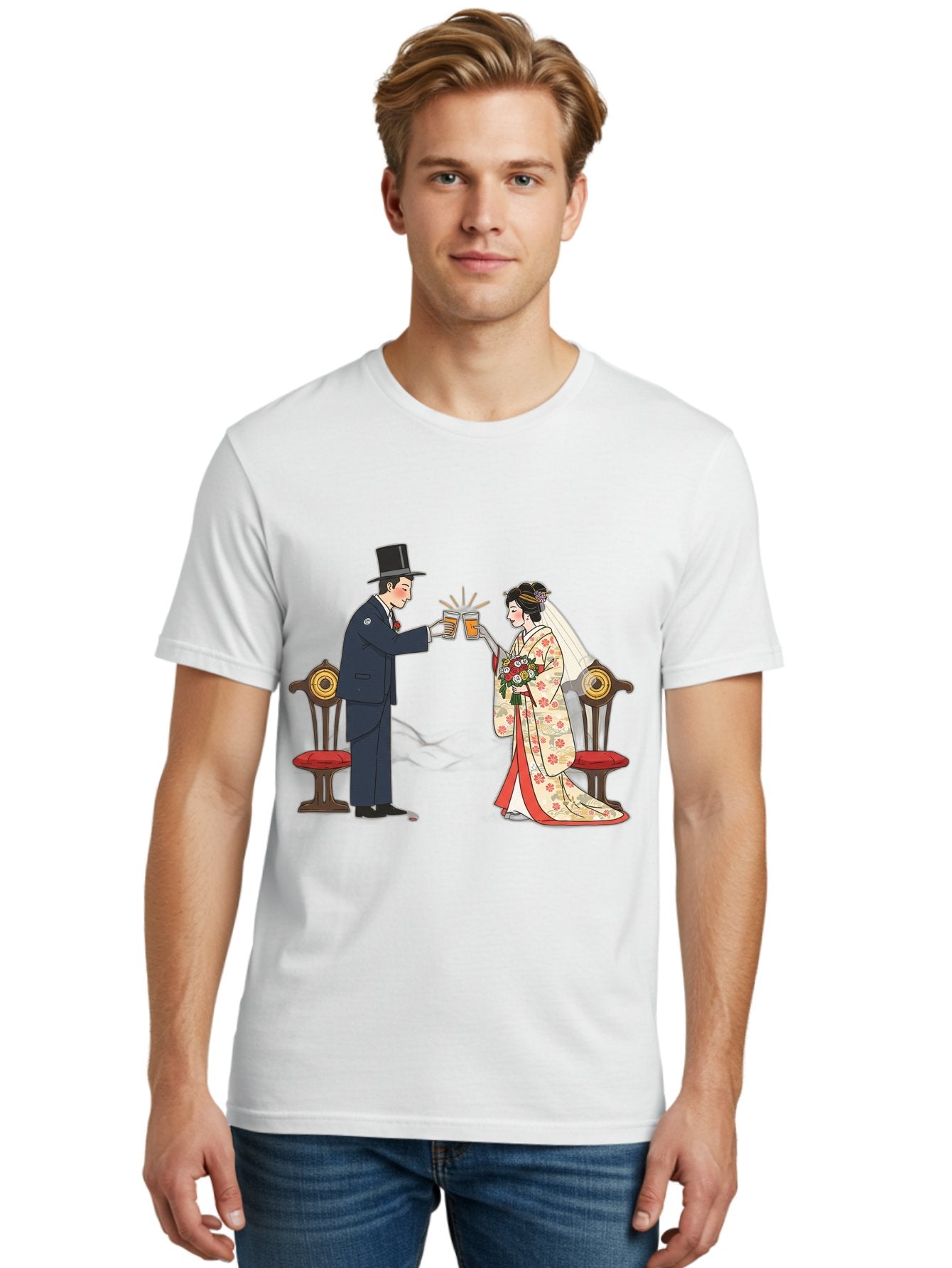 Bride-And-Groom-Cheers Men'S Graphic Tee, 100% Cotton, Comfortable Casual Summer Wear, Machine Washable, Bride In Traditional Kimono, Groom In Top Hat And Suit, Toast With Beer Glasses, Wedding Ceremony, Traditional Japanese Wedding, Baa220 27