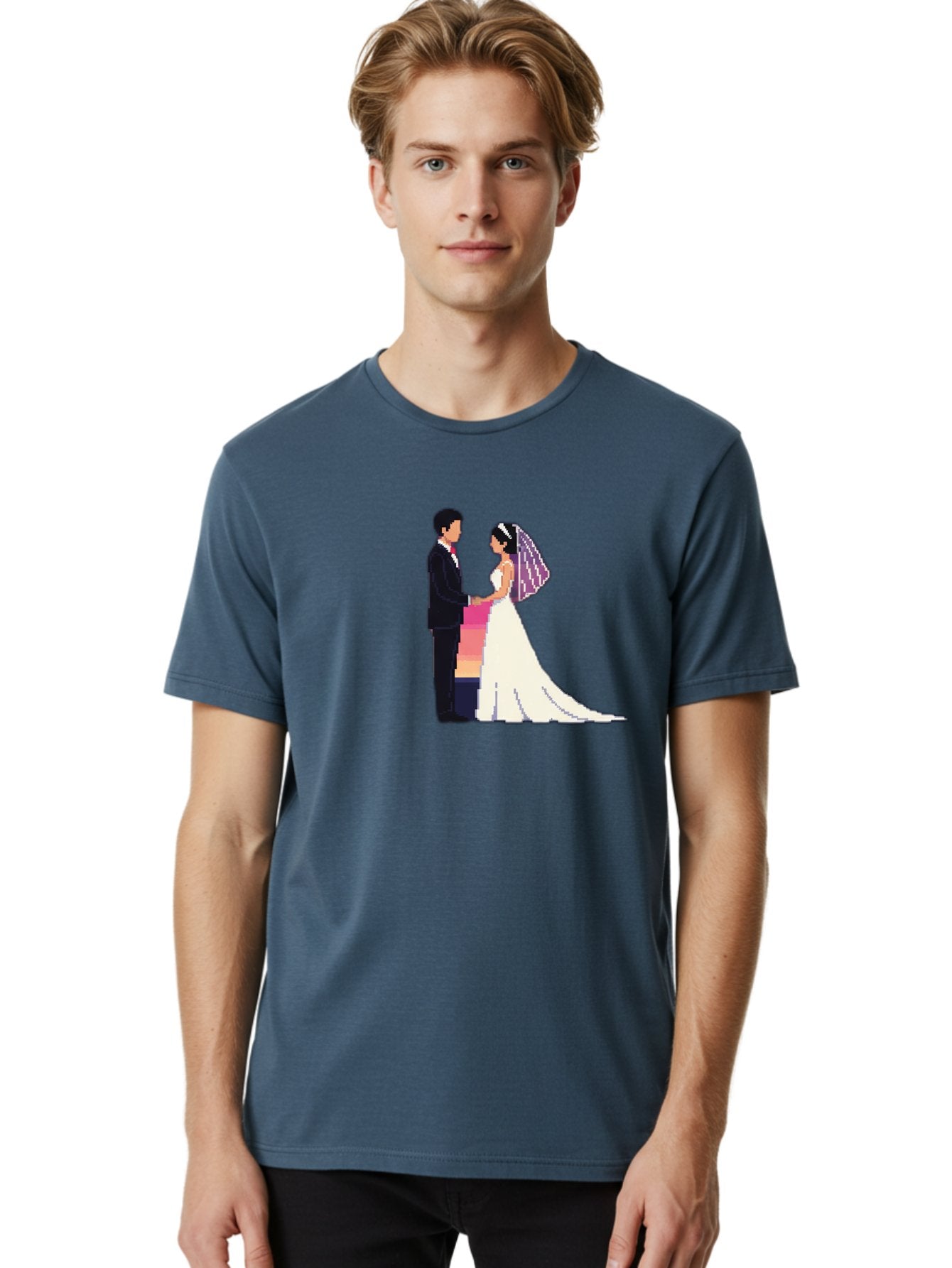 Bride-And-Groom Men'S Graphic Tee, 100% Cotton, Comfortable Casual Summer Wear, Machine Washable, Bride And Groom, Wedding Couple, Love, Romance, Happy Marriage, Newlyweds, Wedding Illustration, Cartoon Couple, Holding Hands, Wedding Dress, Baa221 21