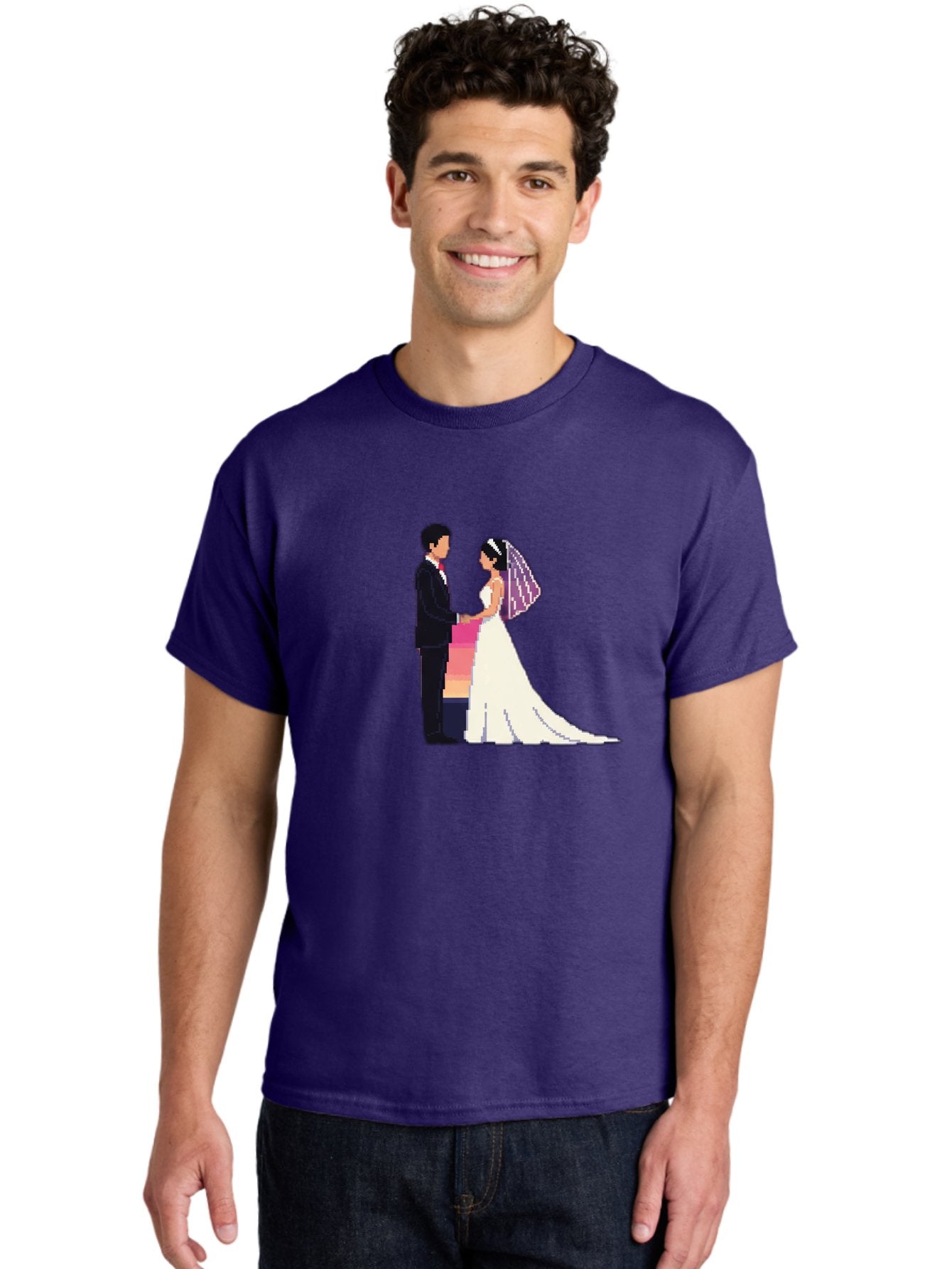Bride-And-Groom Men'S Graphic Tee, 100% Cotton, Comfortable Casual Summer Wear, Machine Washable, Bride And Groom, Wedding Couple, Love, Romance, Happy Marriage, Newlyweds, Wedding Illustration, Cartoon Couple, Holding Hands, Wedding Dress, Baa221 16