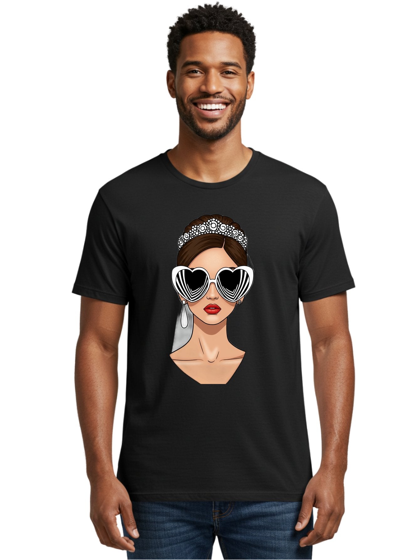 Bride-Fashion-1 Men'S Graphic Tee, 100% Cotton, Comfortable Casual Summer Wear, Machine Washable, Illustration Of Bride, Heart-Shaped Sunglasses, Red Lips, Fashionable Accessories, Wedding Accessories, Wedding Jewelry, Glamorous Style, Baa222 29