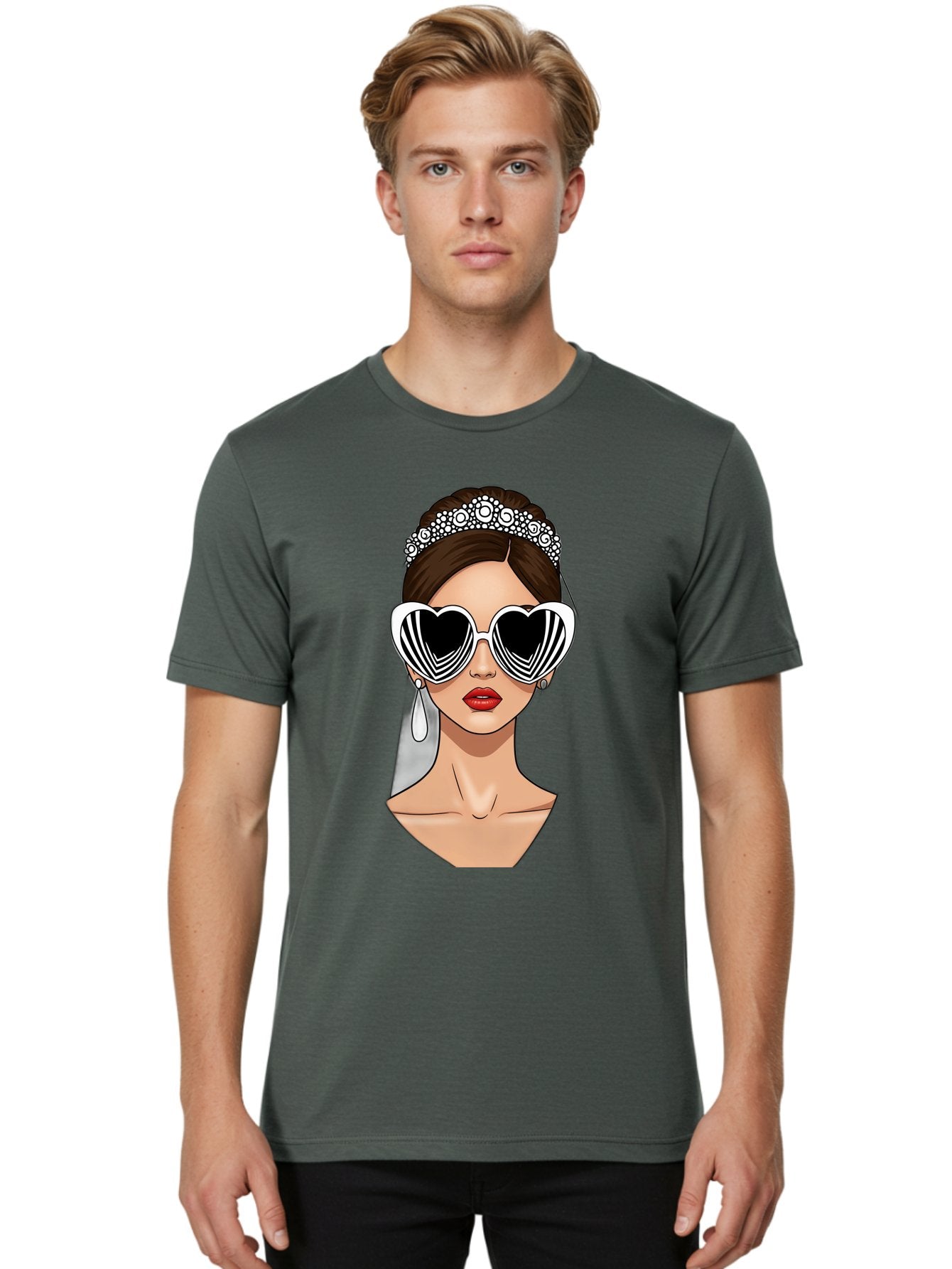 Bride-Fashion-1 Men'S Graphic Tee, 100% Cotton, Comfortable Casual Summer Wear, Machine Washable, Illustration Of Bride, Heart-Shaped Sunglasses, Red Lips, Fashionable Accessories, Wedding Accessories, Wedding Jewelry, Glamorous Style, Baa222 22