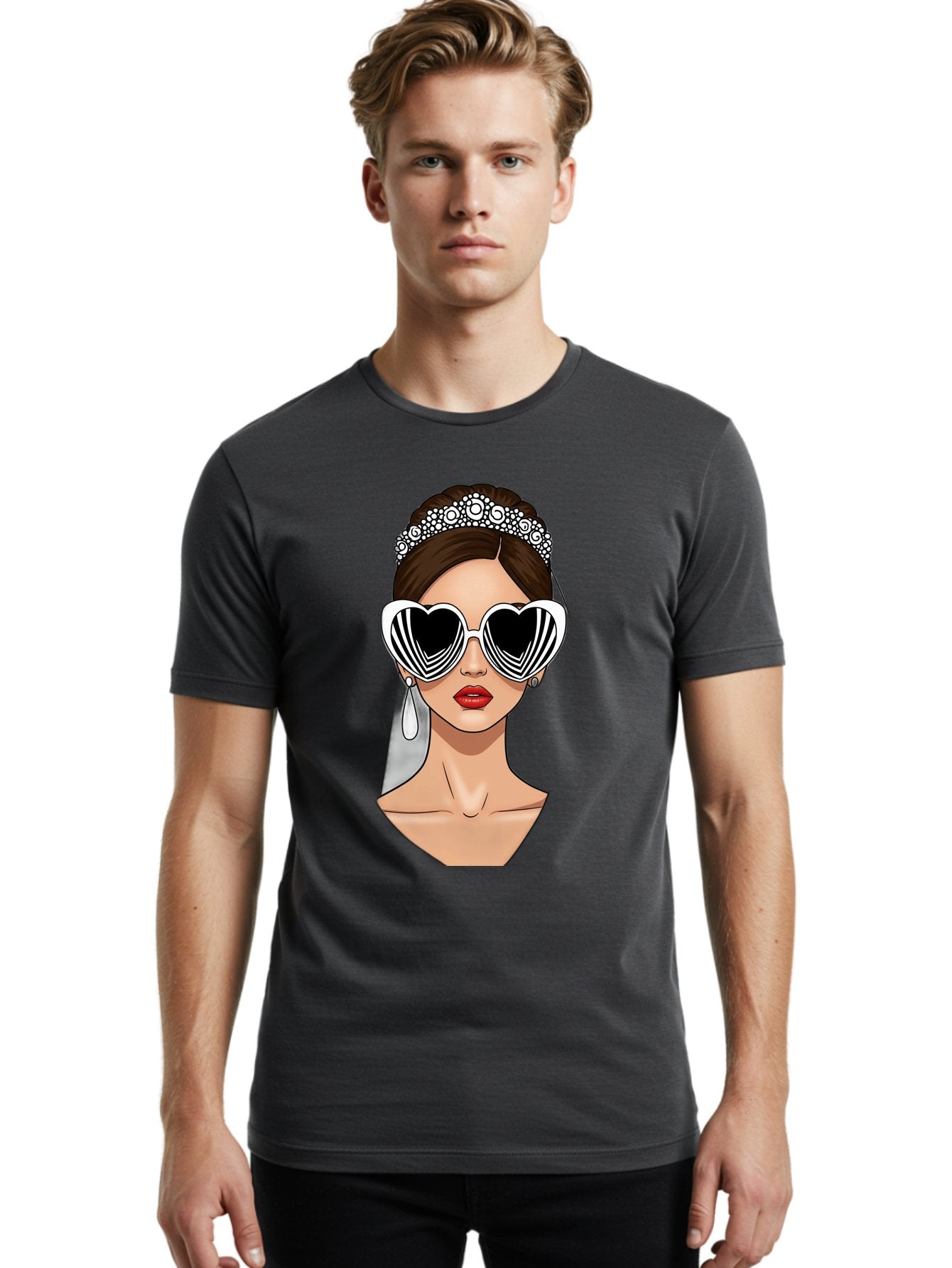 Bride-Fashion-1 Men'S Graphic Tee, 100% Cotton, Comfortable Casual Summer Wear, Machine Washable, Illustration Of Bride, Heart-Shaped Sunglasses, Red Lips, Fashionable Accessories, Wedding Accessories, Wedding Jewelry, Glamorous Style, Baa222 17