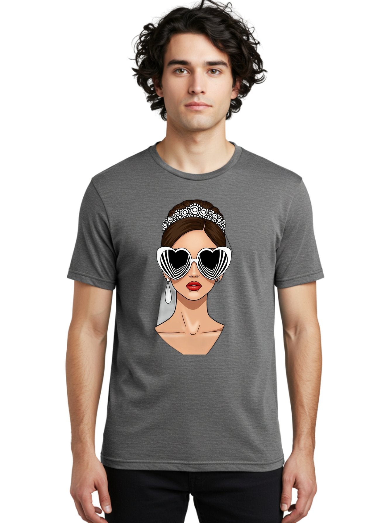 Bride-Fashion-1 Men'S Graphic Tee, 100% Cotton, Comfortable Casual Summer Wear, Machine Washable, Illustration Of Bride, Heart-Shaped Sunglasses, Red Lips, Fashionable Accessories, Wedding Accessories, Wedding Jewelry, Glamorous Style, Baa222 21