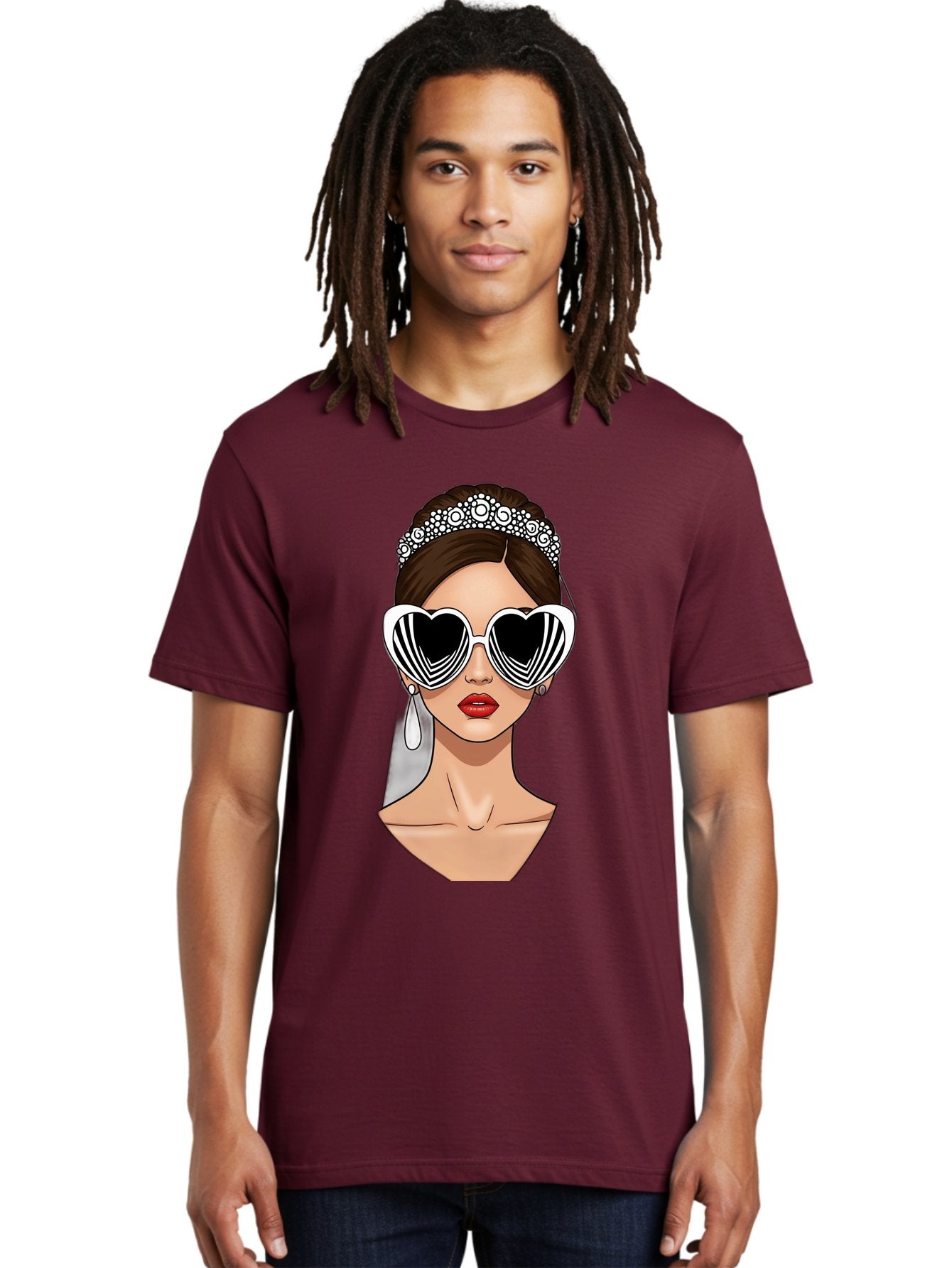 Bride-Fashion-1 Men'S Graphic Tee, 100% Cotton, Comfortable Casual Summer Wear, Machine Washable, Illustration Of Bride, Heart-Shaped Sunglasses, Red Lips, Fashionable Accessories, Wedding Accessories, Wedding Jewelry, Glamorous Style, Baa222 28