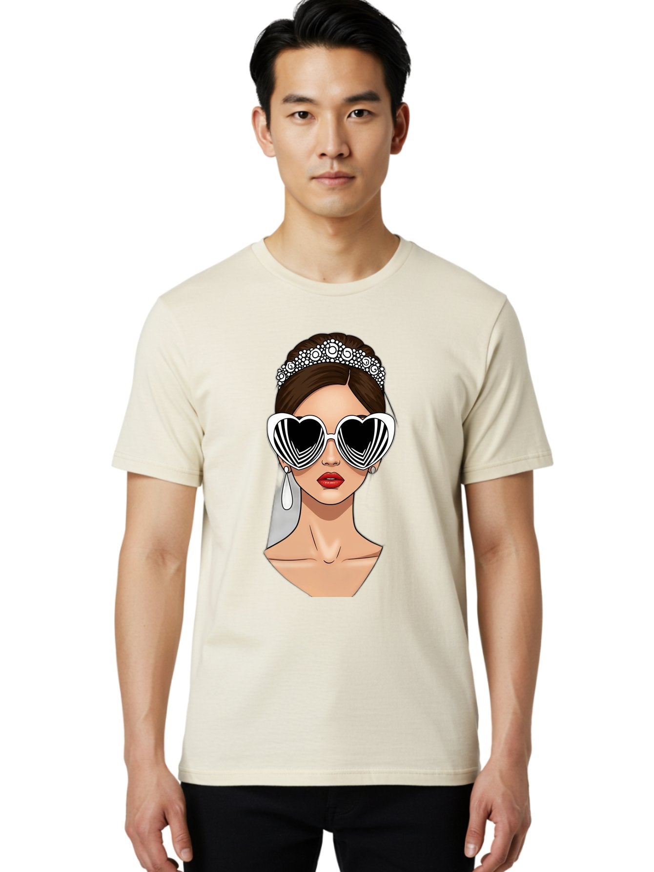 Bride-Fashion-1 Men'S Graphic Tee, 100% Cotton, Comfortable Casual Summer Wear, Machine Washable, Illustration Of Bride, Heart-Shaped Sunglasses, Red Lips, Fashionable Accessories, Wedding Accessories, Wedding Jewelry, Glamorous Style, Baa222 16