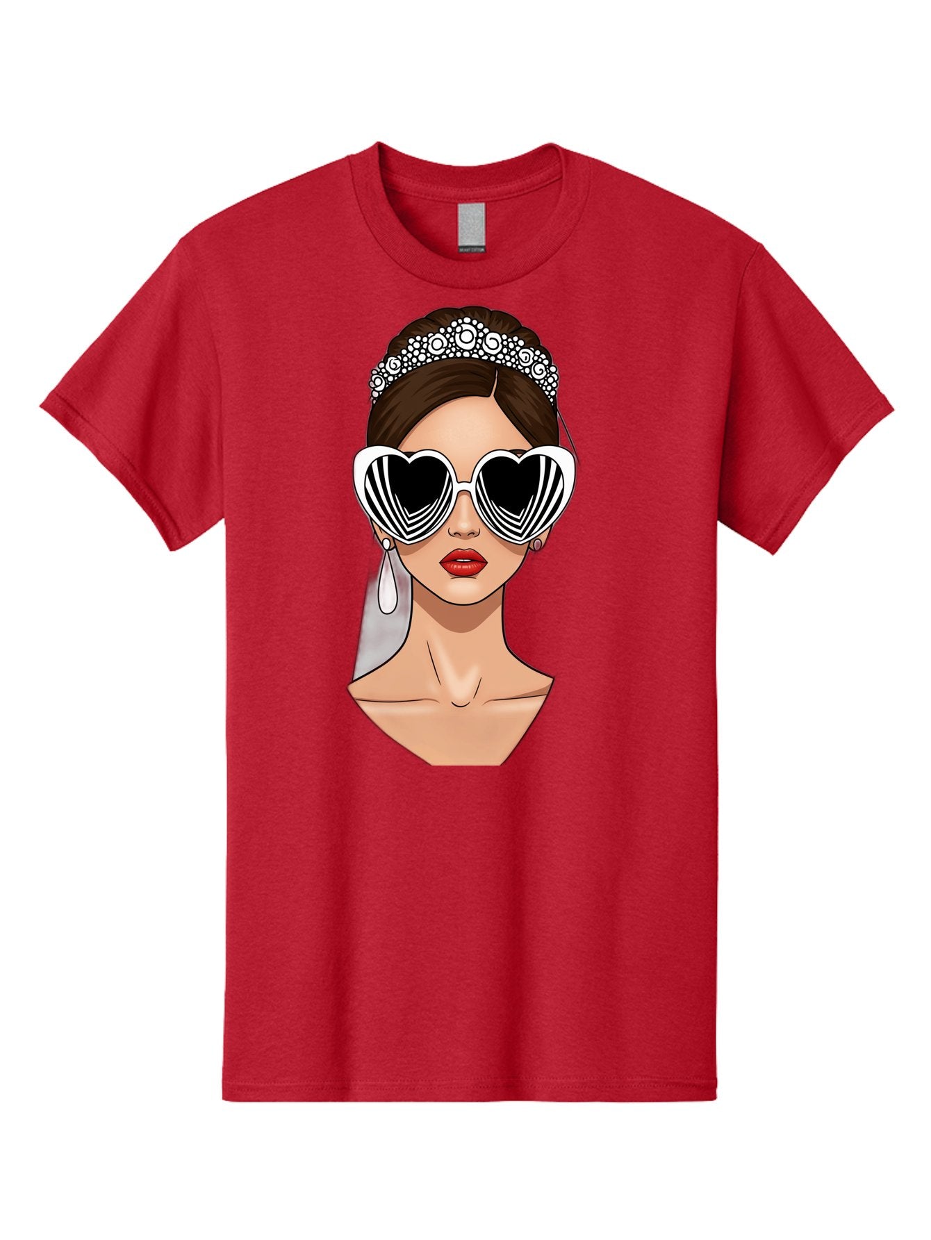 Bride-Fashion-1 Men'S Graphic Tee, 100% Cotton, Comfortable Casual Summer Wear, Machine Washable, Illustration Of Bride, Heart-Shaped Sunglasses, Red Lips, Fashionable Accessories, Wedding Accessories, Wedding Jewelry, Glamorous Style, Baa222 15