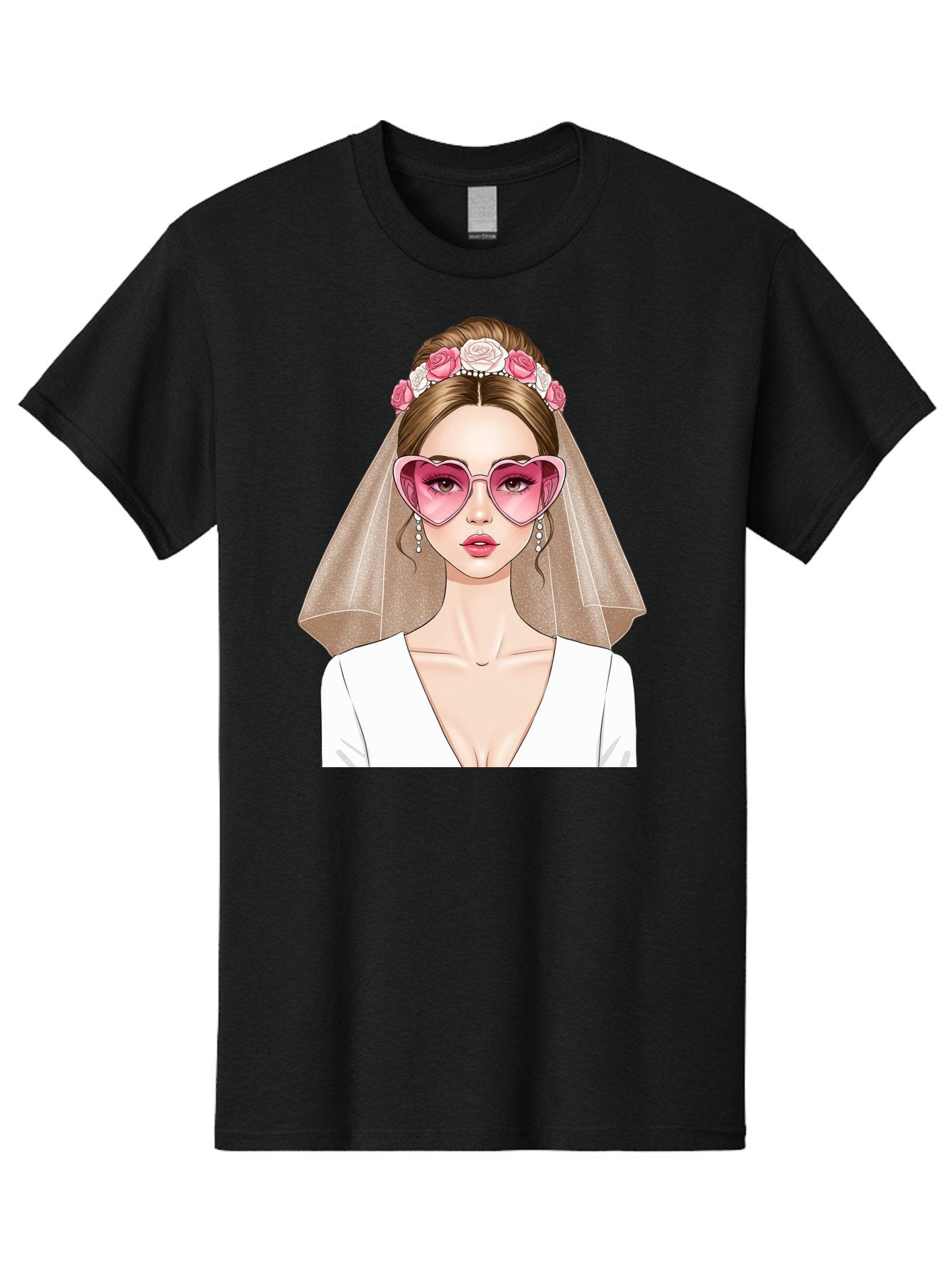 Bride-Fashion Men'S Graphic Tee, 100% Cotton, Comfortable Casual Summer Wear, Machine Washable, Bride With Veil, Heart-Shaped Sunglasses, Floral Hairpiece, White Wedding Dress, Stylish Accessories, Fashionable Wedding Attire, Chic Bridal Look, Baa223