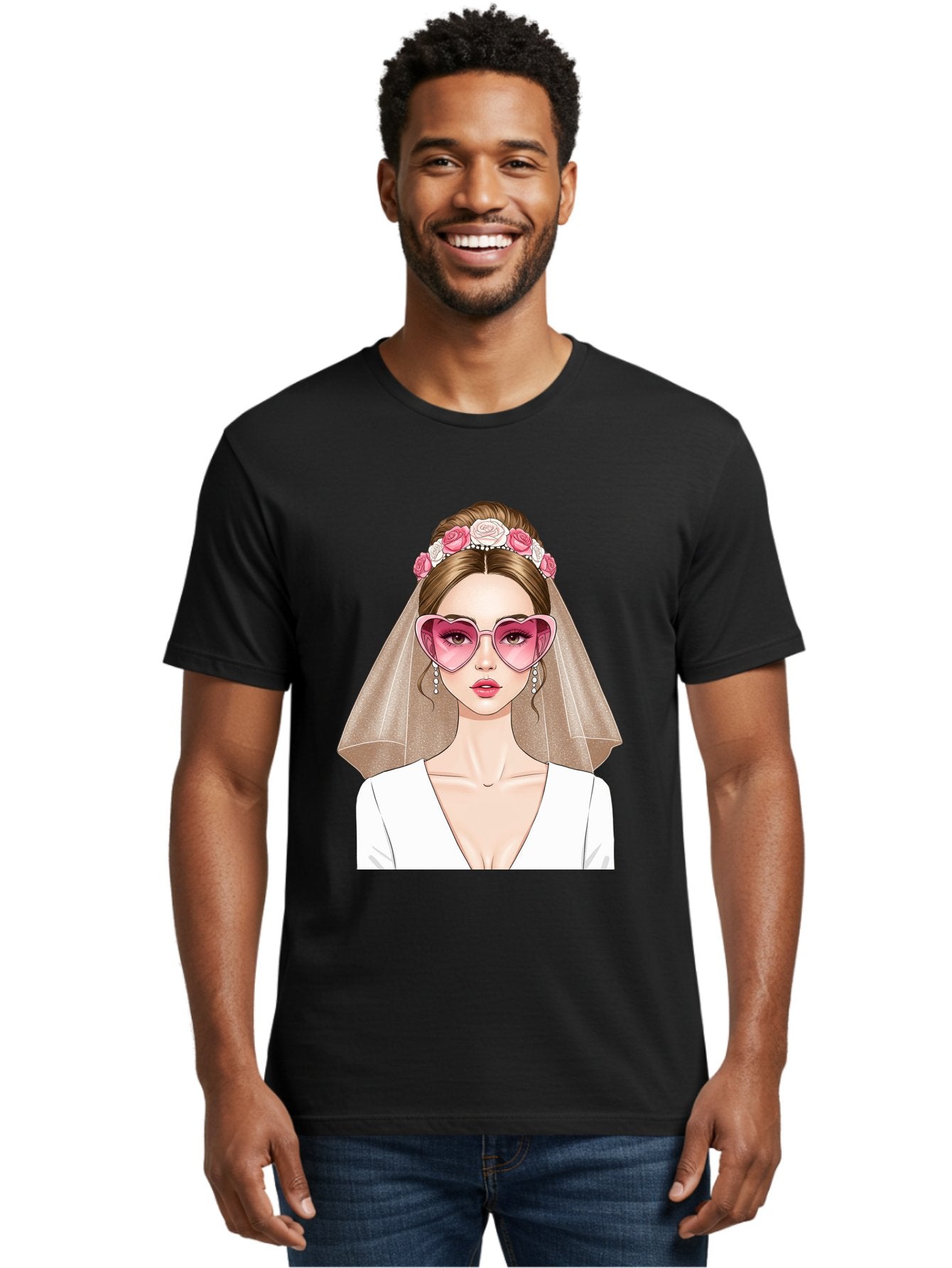 Bride-Fashion Men'S Graphic Tee, 100% Cotton, Comfortable Casual Summer Wear, Machine Washable, Bride With Veil, Heart-Shaped Sunglasses, Floral Hairpiece, White Wedding Dress, Stylish Accessories, Fashionable Wedding Attire, Chic Bridal Look, Baa223 21