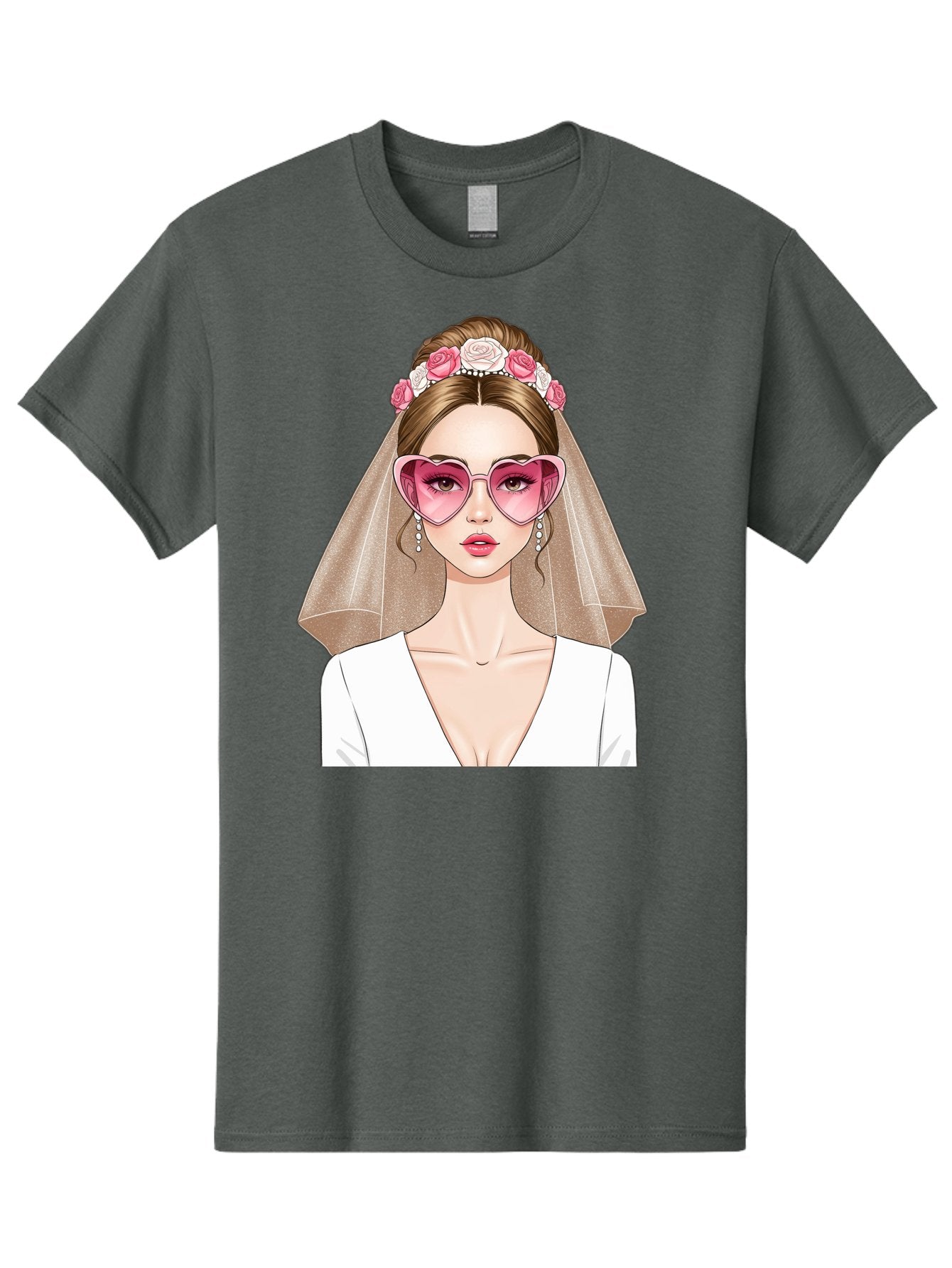Bride-Fashion Men'S Graphic Tee, 100% Cotton, Comfortable Casual Summer Wear, Machine Washable, Bride With Veil, Heart-Shaped Sunglasses, Floral Hairpiece, White Wedding Dress, Stylish Accessories, Fashionable Wedding Attire, Chic Bridal Look, Baa223 15
