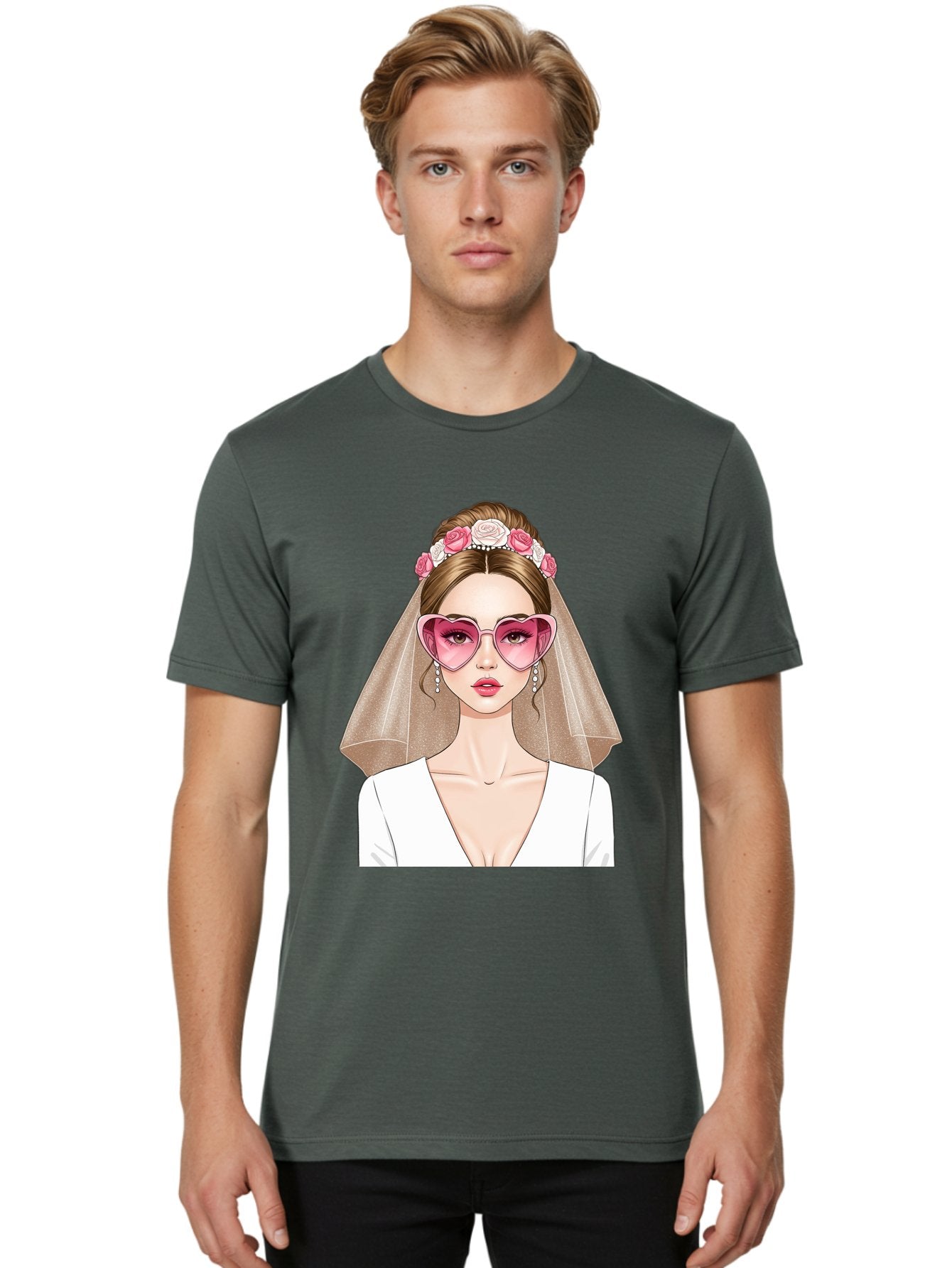 Bride-Fashion Men'S Graphic Tee, 100% Cotton, Comfortable Casual Summer Wear, Machine Washable, Bride With Veil, Heart-Shaped Sunglasses, Floral Hairpiece, White Wedding Dress, Stylish Accessories, Fashionable Wedding Attire, Chic Bridal Look, Baa223 30