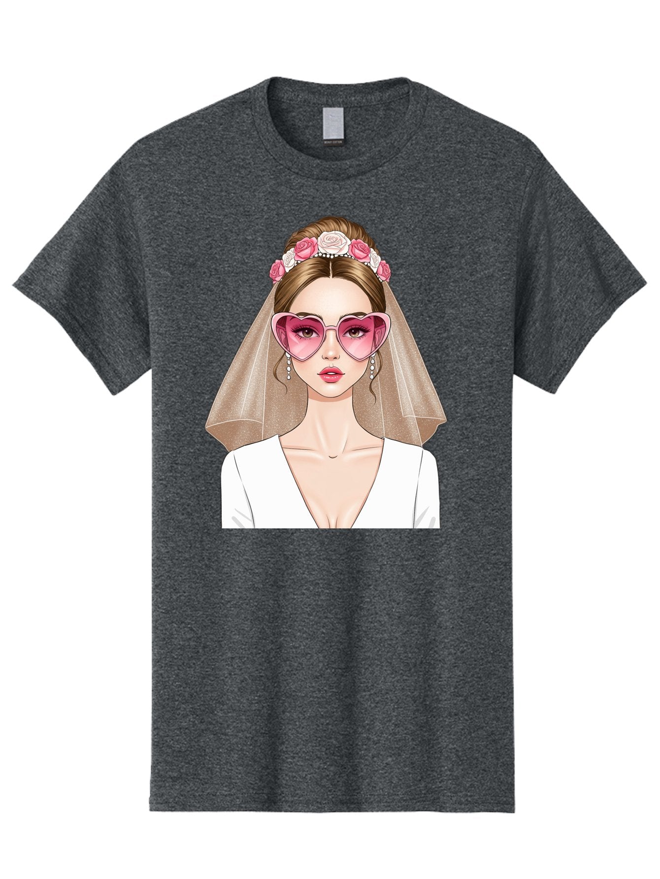 Bride-Fashion Men'S Graphic Tee, 100% Cotton, Comfortable Casual Summer Wear, Machine Washable, Bride With Veil, Heart-Shaped Sunglasses, Floral Hairpiece, White Wedding Dress, Stylish Accessories, Fashionable Wedding Attire, Chic Bridal Look, Baa223 4