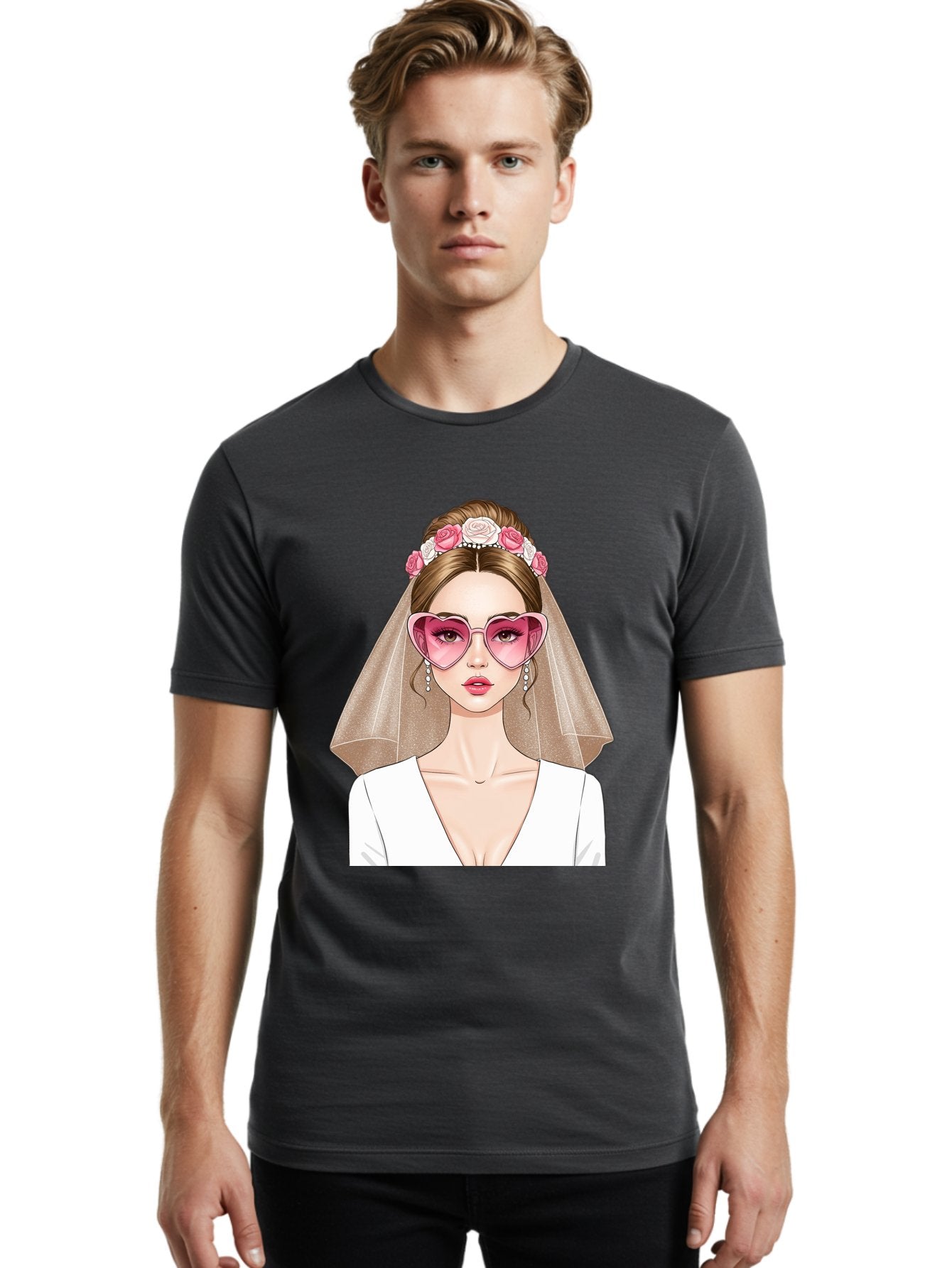 Bride-Fashion Men'S Graphic Tee, 100% Cotton, Comfortable Casual Summer Wear, Machine Washable, Bride With Veil, Heart-Shaped Sunglasses, Floral Hairpiece, White Wedding Dress, Stylish Accessories, Fashionable Wedding Attire, Chic Bridal Look, Baa223 18
