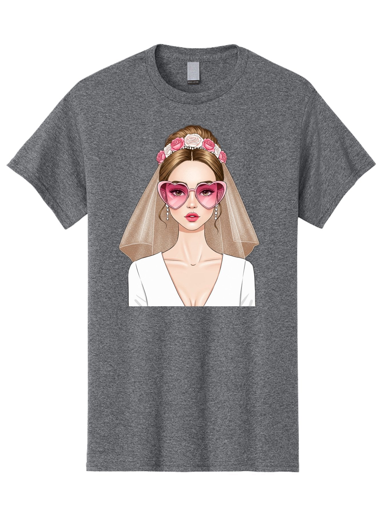 Bride-Fashion Men'S Graphic Tee, 100% Cotton, Comfortable Casual Summer Wear, Machine Washable, Bride With Veil, Heart-Shaped Sunglasses, Floral Hairpiece, White Wedding Dress, Stylish Accessories, Fashionable Wedding Attire, Chic Bridal Look, Baa223 12