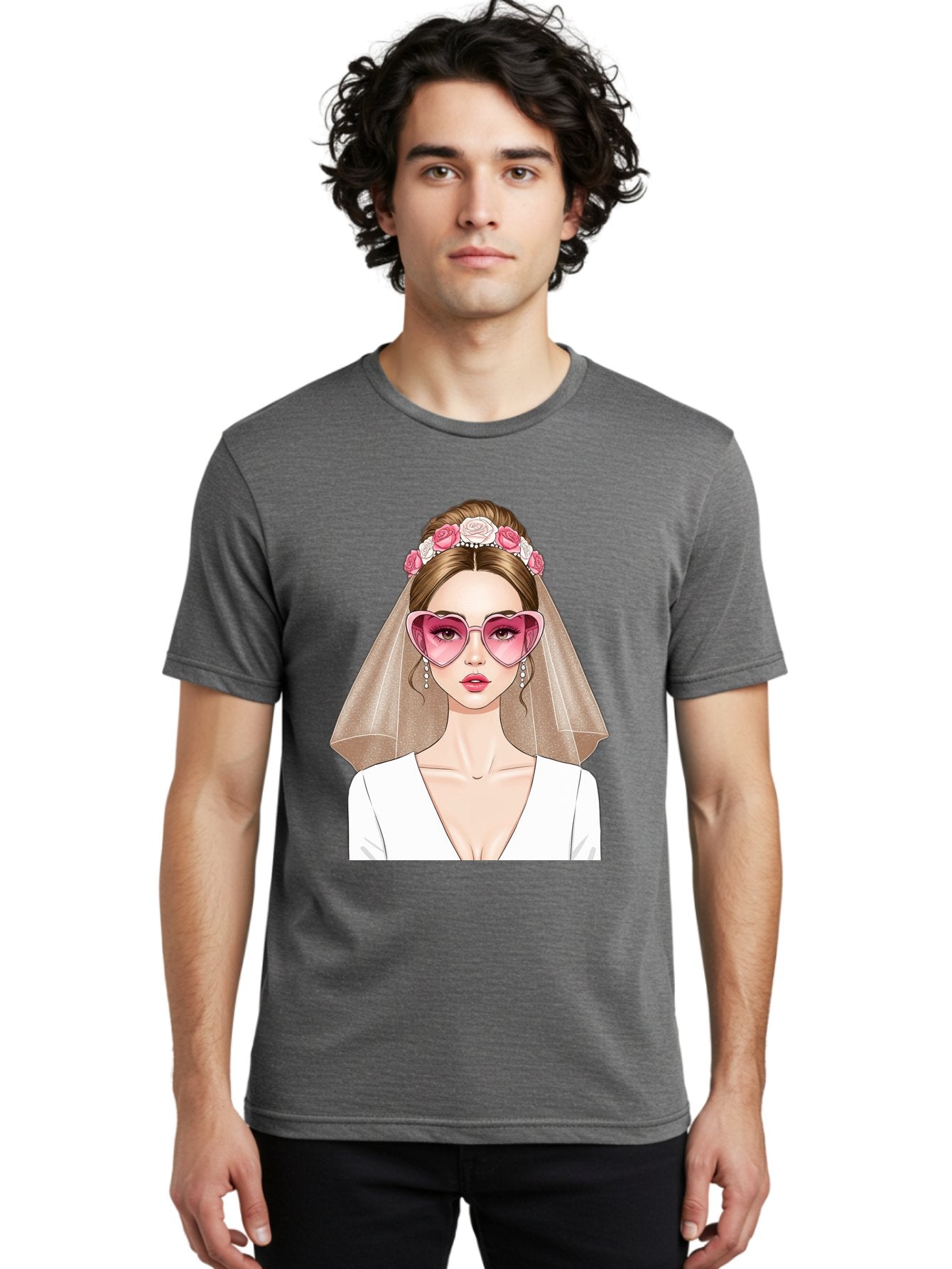 Bride-Fashion Men'S Graphic Tee, 100% Cotton, Comfortable Casual Summer Wear, Machine Washable, Bride With Veil, Heart-Shaped Sunglasses, Floral Hairpiece, White Wedding Dress, Stylish Accessories, Fashionable Wedding Attire, Chic Bridal Look, Baa223 28