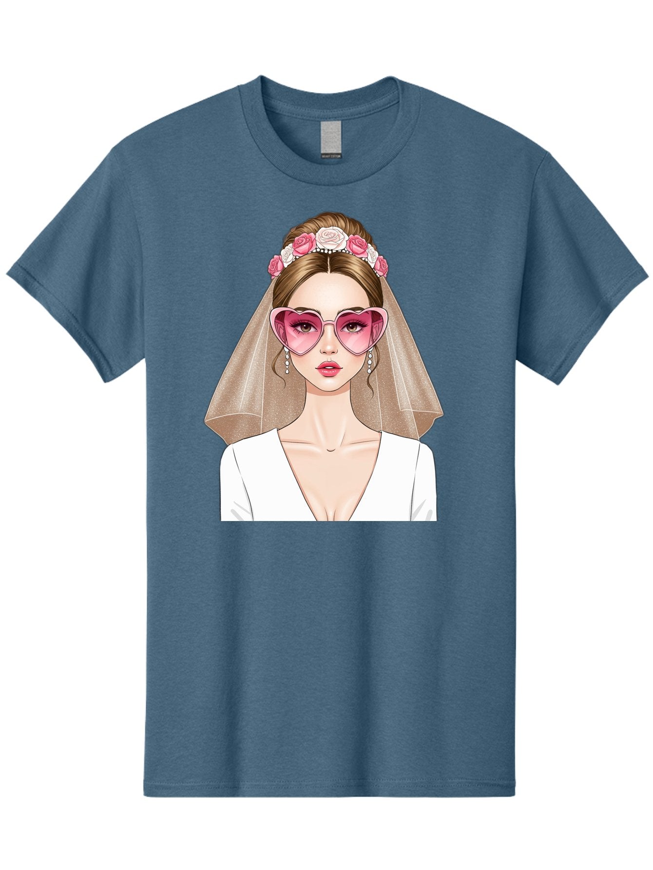 Bride-Fashion Men'S Graphic Tee, 100% Cotton, Comfortable Casual Summer Wear, Machine Washable, Bride With Veil, Heart-Shaped Sunglasses, Floral Hairpiece, White Wedding Dress, Stylish Accessories, Fashionable Wedding Attire, Chic Bridal Look, Baa223 6